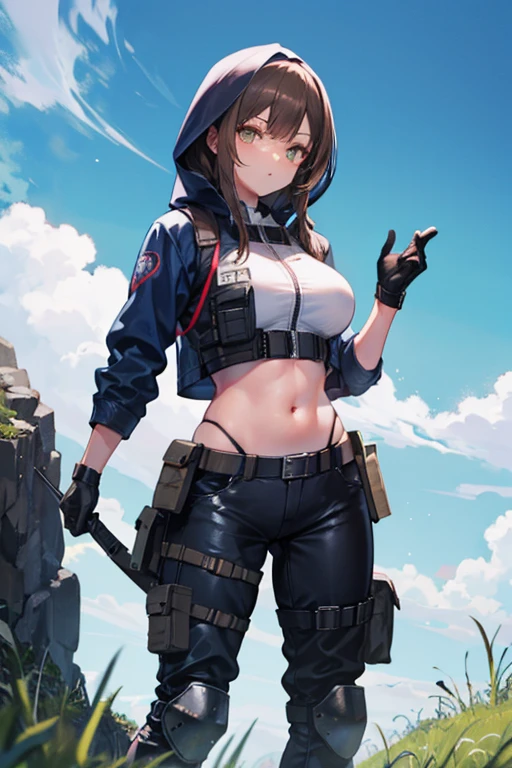 beanie,belt,big breasts,cybernetics,g-string,glasses,high tagia,jacket,micro bikini,revealing clothes,skimpy,visible breasts