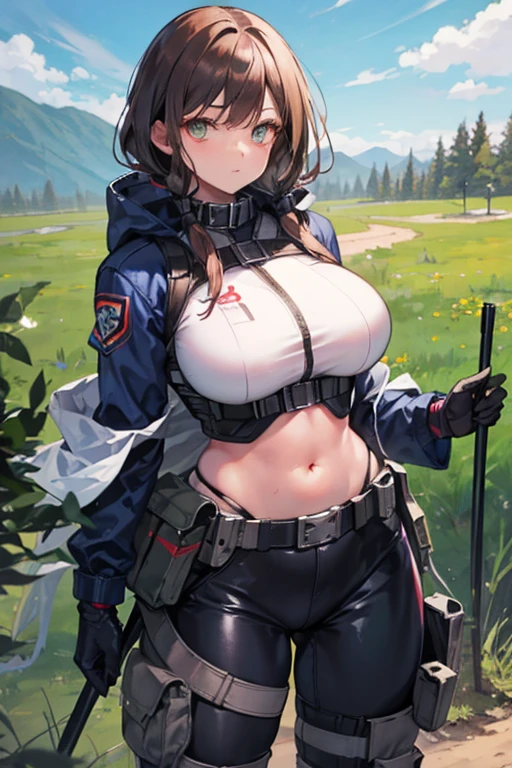 ubel,dark green hair,long hair,side ponytail,hair between eyes,bangs, (beret, black jacket, open clothes, cleavage, midriff, black shorts, black thighhighs, thigh strap, fingerless gloves, single glove:1.2), Photo,sharpness, F1.6 lens,hyper-realistic textures,spectacular light textures, Cinestil 800 Fashion Mechanics,(((Beautiful girl:1.1)),Appearance,Beautiful girl with accentuated slender abs: 0.8,six-pack abs: 1.0, Bust Botox,Standing on tiptoe, long legs,Long brown hair fluttering in the wind,Brown hair, Long hair, Female batle Costume,(No panties,No bra),(tacticul battle fashion, tacticul battle fashion, battle glove: 1.1),((cute batre costume)),The belly comes out and the navel is visible,Thin pubric hair, combat gloves,shredded costumes,cyber long combat boots with golden knee pads,Anatomical,(futuristic sci-fi battle fashion, new elbow and knee cyberpads, new cyberlong boots, new cybergloves: 1.1),(tied perfectly by iron chain), Restraint, Slave, collars, contempt, (Chained), 4 chains hung from heaven, Metallic shackles and fetters, wet crotch clearly visible,((Hands are restrained above the head)), the neck is chained,Chain from left knee to heaven,Chained by rusty iron chains,((the tip is protruding, areolas protruding,The shape of the pubic area is clearly visible:1.2)),Sweating,Wet,Wet crotch,Wet thighs,Junkyard, Realistic, (cute, perfect clothes, skimpy clothes, cute: 1.3) ,Vast miritary base in us,((wide mirtary hospital with summer sunlight)), peeling ceilings, Rebar between, Realistic material details, Extreme details, Ultra-realistic materials,narrow waist,(with sparkling eyes and a contagious smile:0.9),looking at viewer,