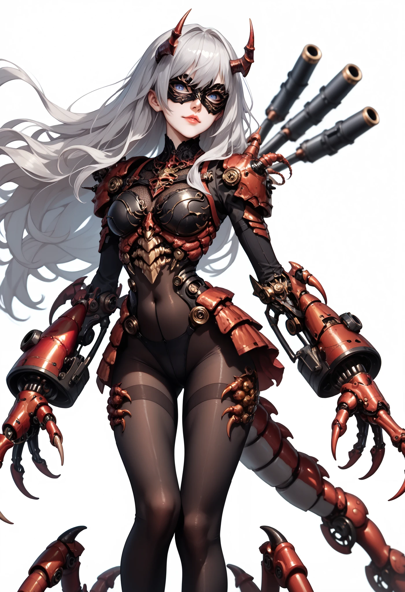 One woman. Full body tights. Silver hair. Long hair. Yandere. Mask covering half of face. Mask with horns. Centipede tail. Black armor. Large mechanical hands. Sharp claws. Military. Cannon. White background.