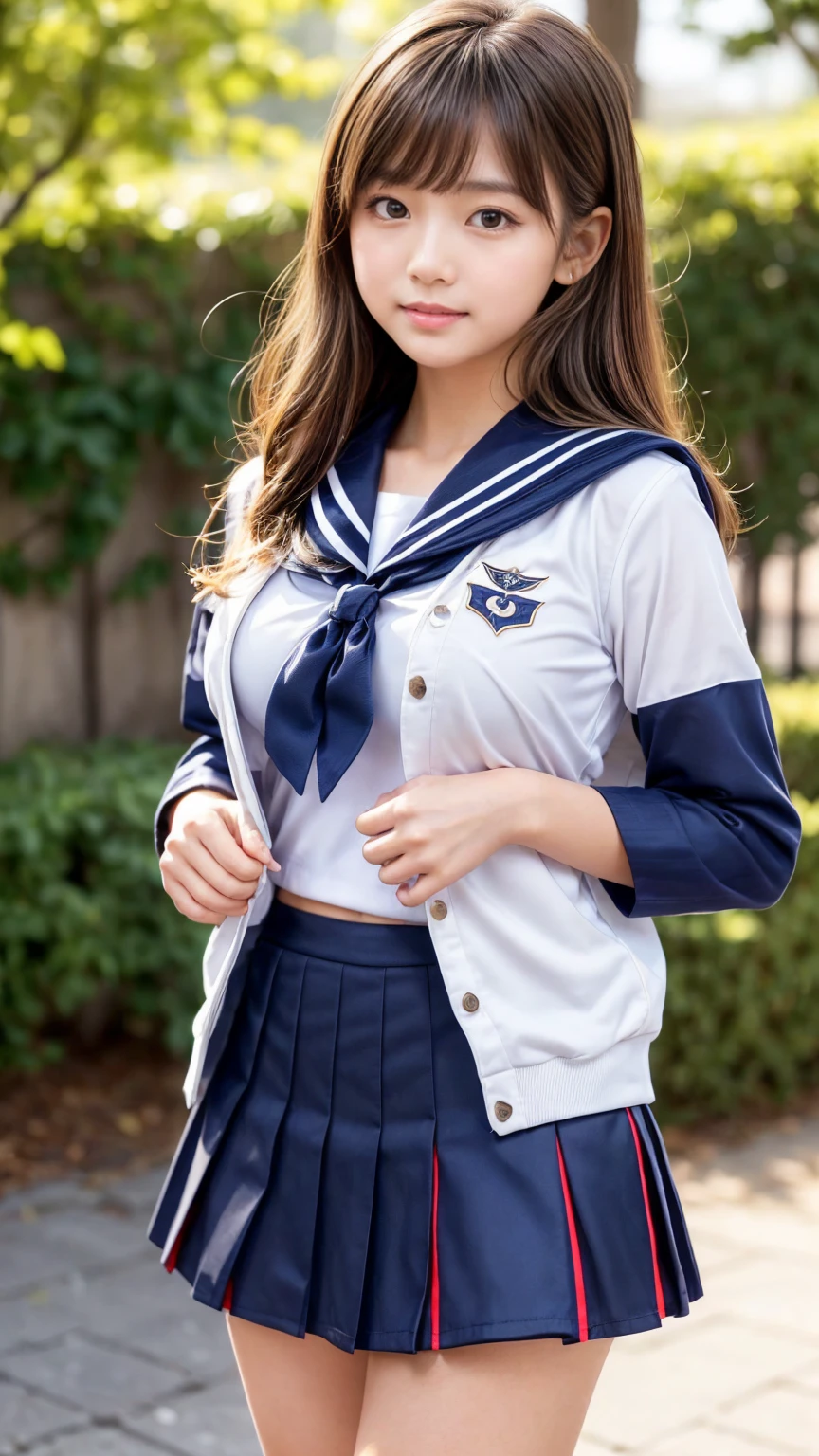 1girl, teen , big breast , gradient eyes, pale black hair, long hair , afro twin tail, drill hair , hair over one eye, sideburns , happy, embarrassed , , from below, school uniform , navy vest , slouch socks, school bag, extremely quality extremely detailed, illustration, contrapposto, cute anime face cinematic lighting cinematic angle