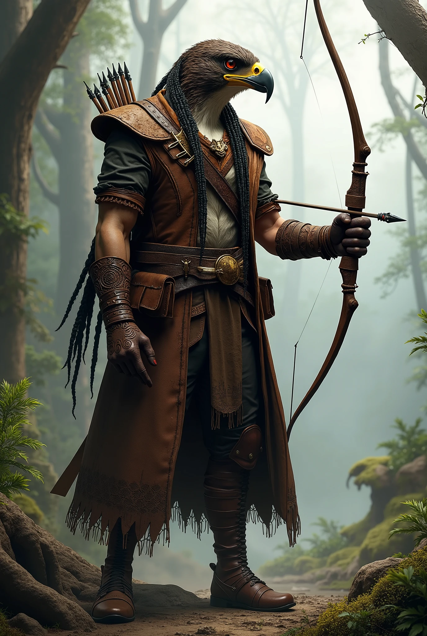 blond primitive archer with painted face, wearing animal skin rags and rustic clothing that was poorly sewn and poorly finished, with one arm uncovered and with Celtic tattoos: ultra realistic and detailed