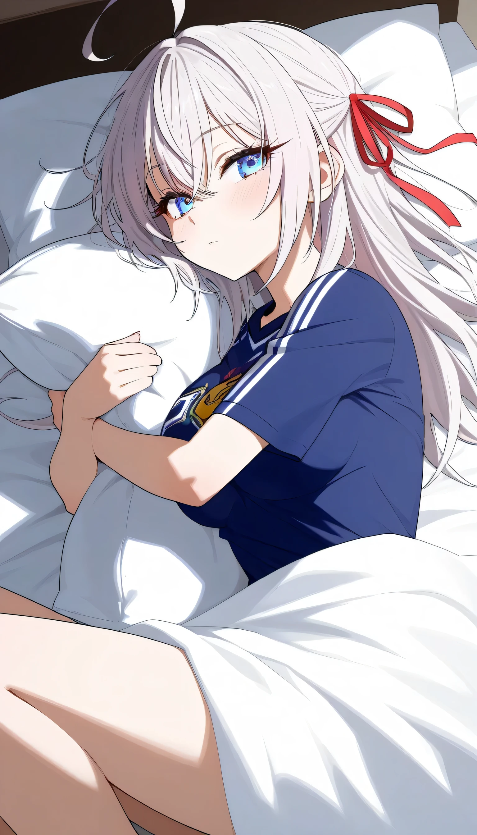 Alisa Mikhailovna Kujou White long-haired girl tied red ribbon, super beautiful blue eyes, long eyelashes, medium breasts, wearing a Liverpool club ball shirt, lying hugging a pillow on the bed