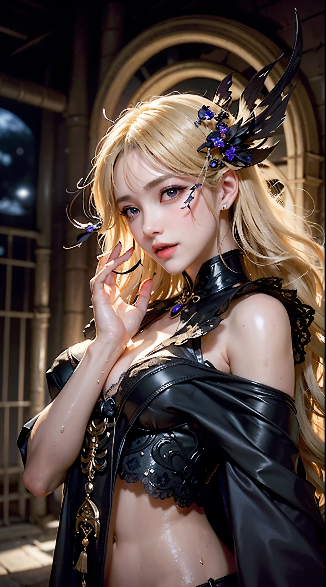 Close-up of a man with blonde hair,cabellos largos dorados,Guviz-style artwork,Blonde hair to the waist,Guviz,Female killer in Demon Slayer art,beautiful character painting,by Yang J,Guvitz on the Pixif Art Station,anime figure