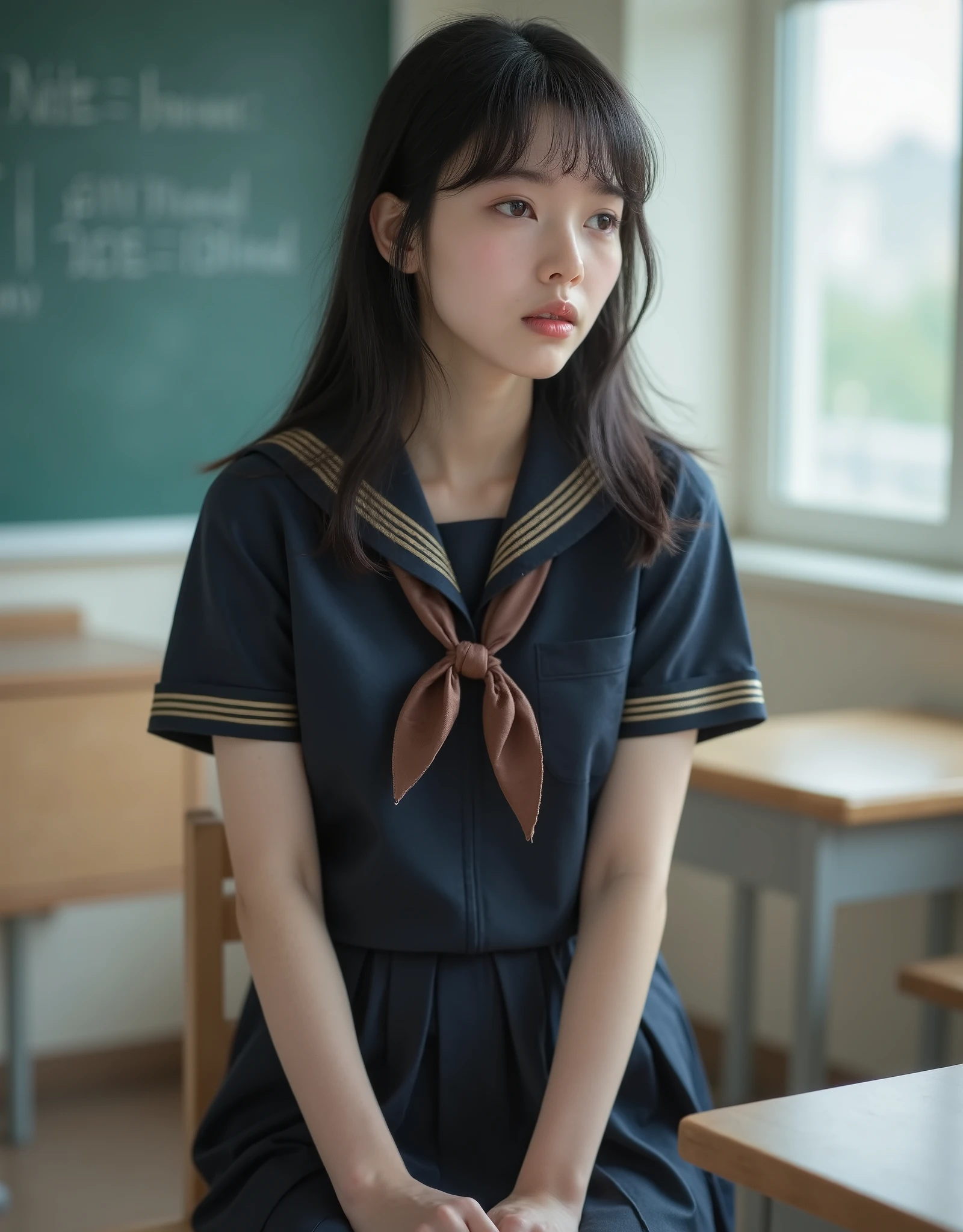 (Canon), (EOS R5), (50mm), ((( photorealistic:1.5))), (No lens flare :1.5), ((超 high resolution)), (masterpiece), accurate,( is presentな質感の肌), more details, high detail, high quality , Award-winning work , 最 high quality, 32K, depth of coverage, digital camera, award-winning glamour photo , professional lighting, (SFW), ((最 high quality:1.5)), ((masterpiece:1.5)), (( is present)), high resolution, is presentな影, Roughness, Real Life,( 1 Japanese woman so beautiful and cute), ((Very young and petite:1.8)), ((Quite ish:1.8)), ( The cuteness of Japan's top idol ), ((Upper body shot seen obliquely from the front :1.5)), (( upper body shot from head to knee :1.5)), ((A cute Japanese girl)), (( middle school clas chair, blackboard, and window visible )), (((Navy blue short sleeve sailor suit with dark blue collar and 3 brown lines :1.8))), (((襟と胸当てが紺色で3本の茶色ラインがある半袖の紺色夏服セーラー服と dark blue flare skirt を着て椅子に座っている:1.8))), (( short sleeve navy blue sailor suit with dark blue collar and breastplate :1.8)), (( sailor suit chest is dark blue with 3 brown lines :1.5)), (( dark blue flare skirt :1.5)), (((セーラー服用のBrown scarf:1.8))), (((Brown scarf:1.8))), ((Navy blue scarf closure :1.5)), (( no front buttons on a sailor suit :1.8)), ((( no accessories:1.9))), ((( No Earrings :1.8))), (((Without necklace:1.8))), (( a very cute high school girl who feels young )), Attractive cuteness , seductive pose holding hands, Height: 150cm, slim figure, Quite small bust, A cup, ((少し歯が見える very cute smile:1.5)), ( alone:1.5), (There is only one person in the classroom), ( brown eyes:1.9), ( Detailed depiction of extremely realistic skin ), (Highly detailed, realistic eyes:1.9), (Very beautiful, long, realistic eyelashes), (Highly detailed, realistic eyebrows), (丸い brown eyes :1.8), ( beautiful catchlight on the eyes), (Realistic lips with moisture ), ( white realistic teeth arranged neatly), ( Beautiful and Detailed Face :1.6), ( Thin Waist:1.5), ( very small bust :1.8), ( clearly contoured cheekbones :1.5), ( perfectly styled body :1.8), (Healthy body :1.8), (Narrow shoulders:1.9), ( viewers), ( seductive gaze), (Beautiful, natural-looking hands), (Short, straight, natural nails), ( show your hands as little as possible ), ( very cute smile:1.1), ( her stomach and navel may be slightly visible:1.4), (straight black hair short hair :1.3), ( beautiful black hair), ( has bangs), Natural atmosphere, Very cute type, beautiful thighs, (( evening classroom )), (( with a pencil case and notebook on her desk :1.4)), (( show your hands as little as possible )), ((I can't show my feet)), blur background, Illuminate the face, cute pose , beautiful body line , Beautiful, realistic skin , Art Photography, beautiful soft lighting , accurate手の形, accurate指の形, accurate指の数,5 fingers on one hand ,((No watermark, No signature))