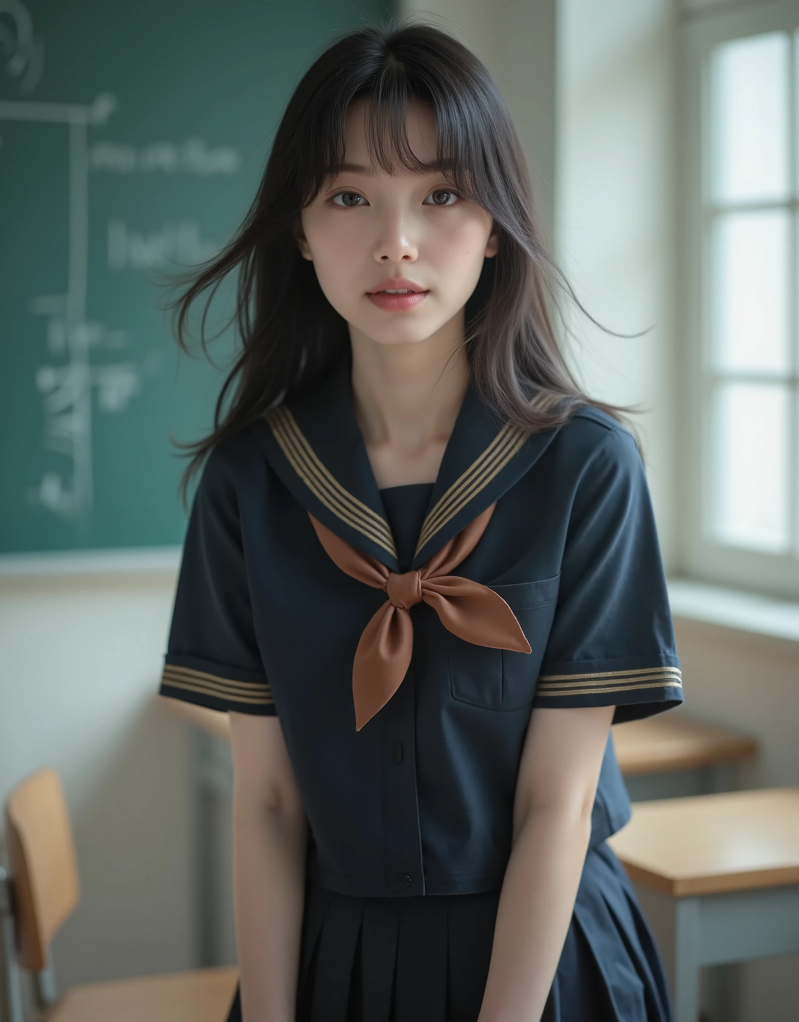 (Canon), (EOS R5), (50mm), ((( photorealistic:1.5))), (No lens flare :1.5), ((超 high resolution)), (masterpiece), accurate,( is presentな質感の肌), more details, high detail, high quality , Award-winning work , 最 high quality, 32K, depth of coverage, digital camera, award-winning glamour photo , professional lighting, (SFW), ((最 high quality:1.5)), ((masterpiece:1.5)), (( is present)), high resolution, is presentな影, Roughness, Real Life,( 1 Japanese woman so beautiful and cute), ((Very young and petite:1.8)), ((Quite ish:1.8)), ( The cuteness of Japan's top idol ), ((Upper body shot seen obliquely from the front :1.5)), (( upper body shot from head to knee :1.5)), ((A cute Japanese girl)), (( middle school clas chair, blackboard, and window visible )), (((Navy blue short sleeve sailor suit with dark blue collar and 3 brown lines :1.8))), (((襟と胸当てが紺色で3本の茶色ラインがある半袖の紺色夏服セーラー服と dark blue flare skirt を着て椅子に座っている:1.8))), (( short sleeve navy blue sailor suit with dark blue collar and breastplate :1.8)), (( sailor suit chest is dark blue with 3 brown lines :1.5)), (( dark blue flare skirt :1.5)), (((セーラー服用のBrown scarf:1.8))), (((Brown scarf:1.8))), ((Navy blue scarf closure :1.5)), (( no front buttons on a sailor suit :1.8)), ((( no accessories:1.9))), ((( No Earrings :1.8))), (((Without necklace:1.8))), (( a very cute high school girl who feels young )), Attractive cuteness , seductive pose holding hands, Height: 150cm, slim figure, Quite small bust, A cup, ((少し歯が見える very cute smile:1.5)), ( alone:1.5), (There is only one person in the classroom), ( brown eyes:1.9), ( Detailed depiction of extremely realistic skin ), (Highly detailed, realistic eyes:1.9), (Very beautiful, long, realistic eyelashes), (Highly detailed, realistic eyebrows), (丸い brown eyes :1.8), ( beautiful catchlight on the eyes), (Realistic lips with moisture ), ( white realistic teeth arranged neatly), ( Beautiful and Detailed Face :1.6), ( Thin Waist:1.5), ( very small bust :1.8), ( clearly contoured cheekbones :1.5), ( perfectly styled body :1.8), (Healthy body :1.8), (Narrow shoulders:1.9), ( viewers), ( seductive gaze), (Beautiful, natural-looking hands), (Short, straight, natural nails), ( show your hands as little as possible ), ( very cute smile:1.1), ( her stomach and navel may be slightly visible:1.4), (straight black hair short hair :1.3), ( beautiful black hair), ( has bangs), Natural atmosphere, Very cute type, beautiful thighs, (( evening classroom )), (( with a pencil case and notebook on her desk :1.4)), (( show your hands as little as possible )), ((I can't show my feet)), blur background, Illuminate the face, cute pose , beautiful body line , Beautiful, realistic skin , Art Photography, beautiful soft lighting , accurate手の形, accurate指の形, accurate指の数,5 fingers on one hand ,((No watermark, No signature))