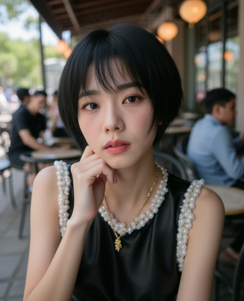 there is a woman with a black dress and a gold necklace, a young asian woman, with short hair, an asian woman, shot on canon eos r5, shot on canon eos r 5, wearing a gold chain, wearing gold detailed choker, shot on nikon z9, young asian woman, shot on leica sl2, inspired by Ruth Jên