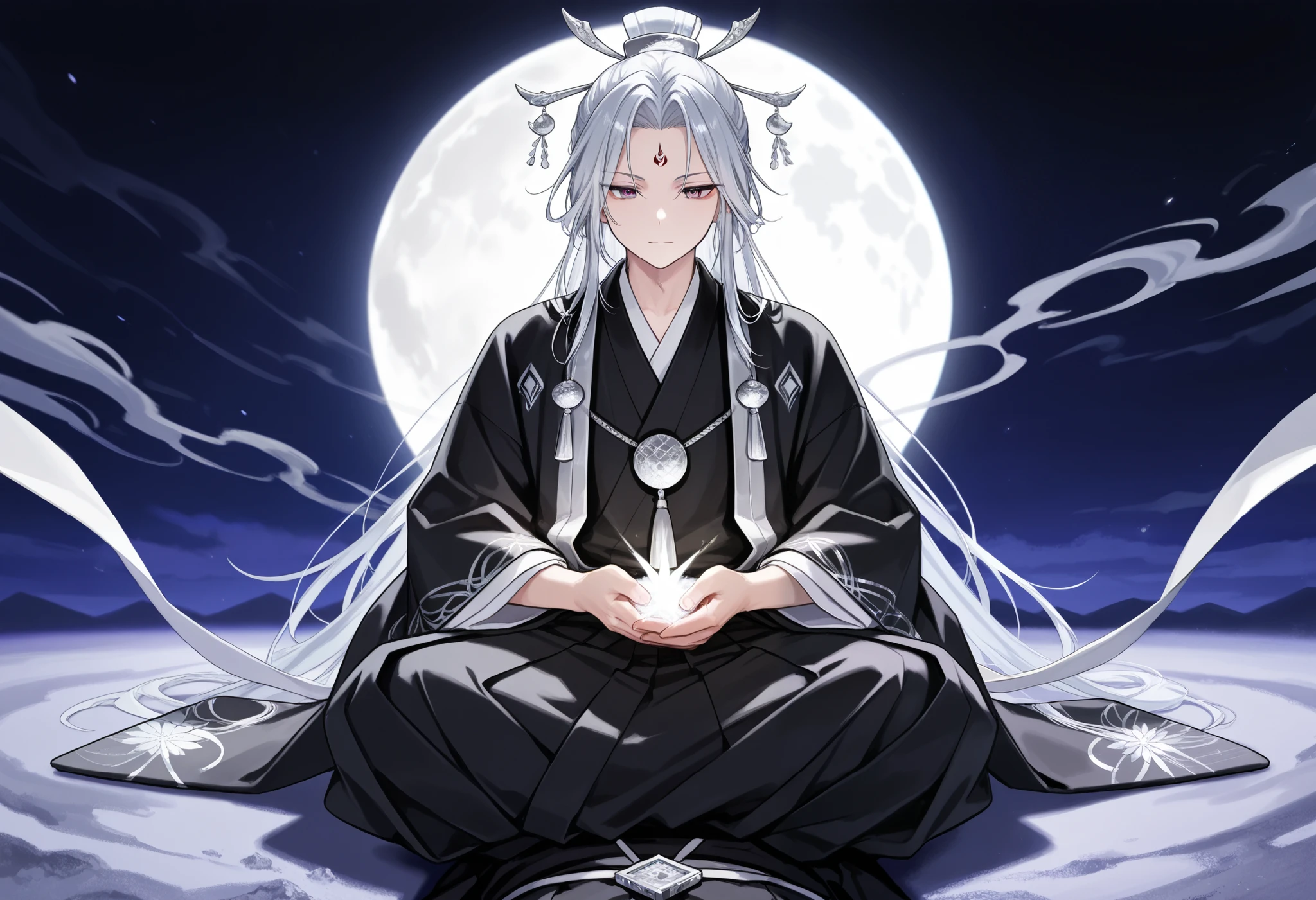Androugynous male, silver hair, japanese clothes, black clothes, silver ornaments, sit on stars, a moon between his hands, solo, nihongami