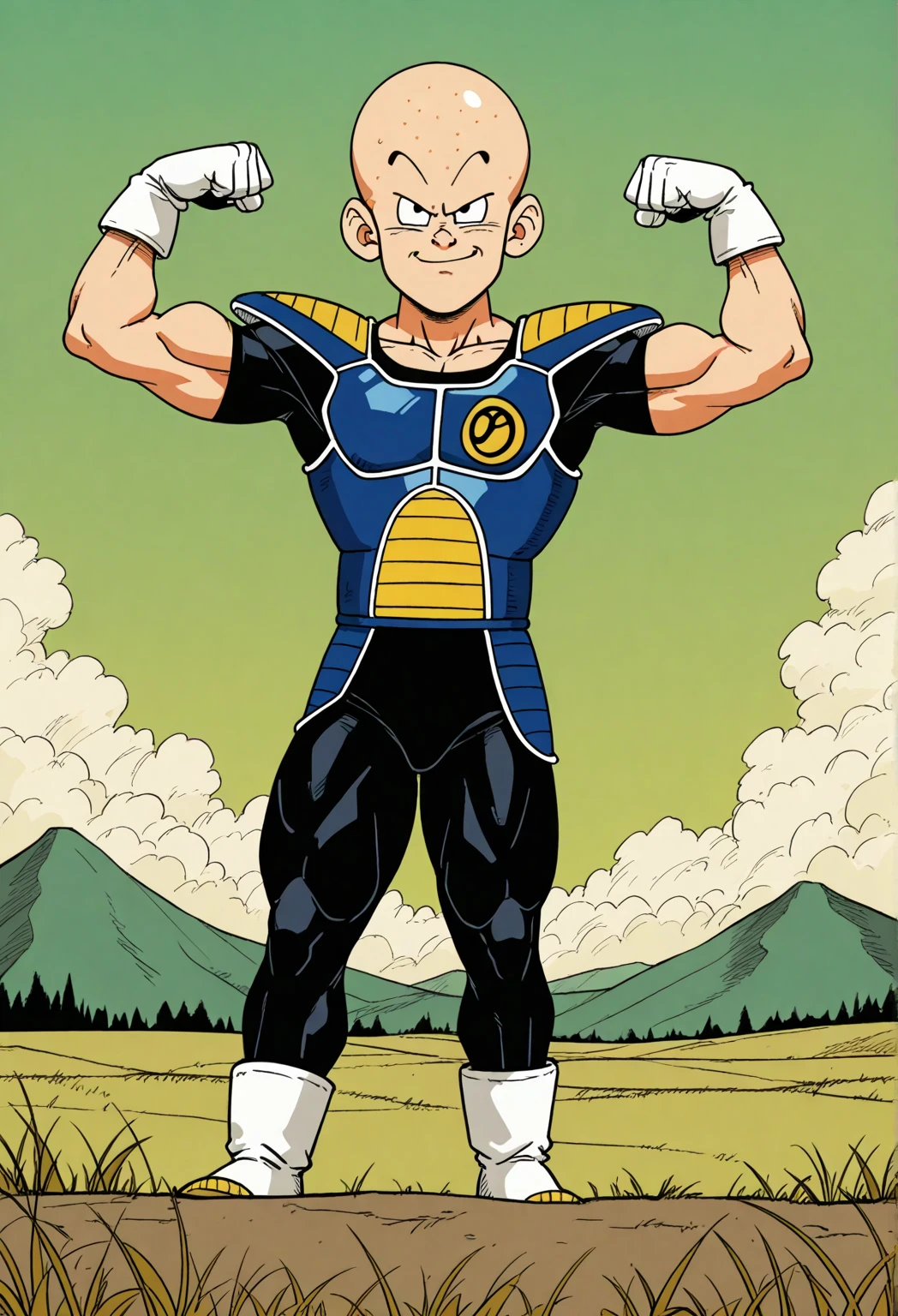 8k, masterpiece, best quality, kuririn, 1boy, black hair, male focus, solo, smile, dark blue saiyan armor, red rocks,canyon, white gloves, black eyes, fighting stance, grin, no nose, looking at viewer, straight-on, biker shorts, no sclera, white boots,bald, forehead mark,black bodysuit,(bald:1.2),pauldrons, (faulds)