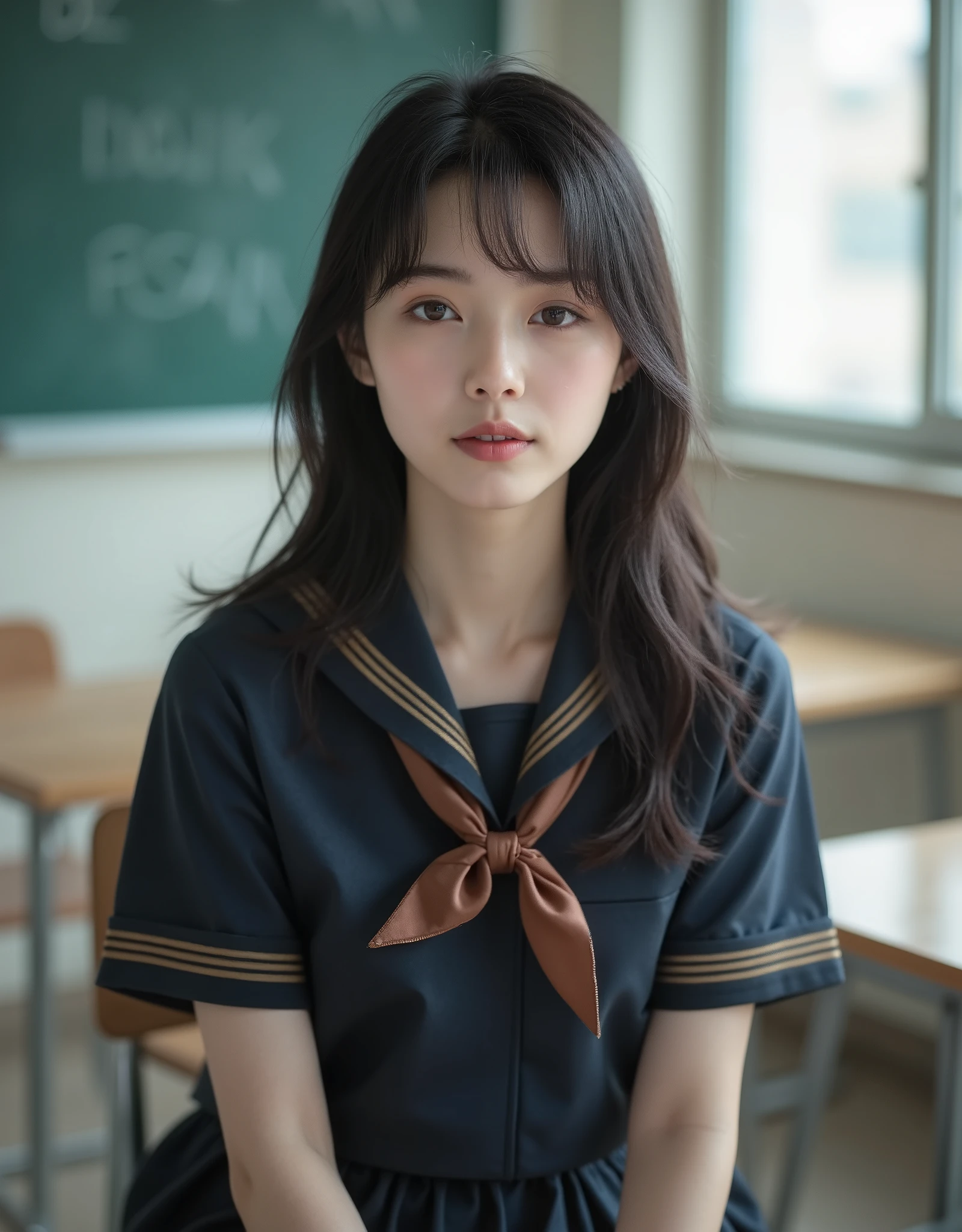 (Canon), (EOS R5), (50mm), ((( photorealistic:1.5))), (No lens flare :1.5), ((超 high resolution)), (masterpiece), accurate,( is presentな質感の肌), more details, high detail, high quality , Award-winning work , 最 high quality, 32K, depth of coverage, digital camera, award-winning glamour photo , professional lighting, (SFW), ((最 high quality:1.5)), ((masterpiece:1.5)), (( is present)), high resolution, is presentな影, Roughness, Real Life,( 1 Japanese woman so beautiful and cute), ((Very young and petite:1.8)), ((Quite ish:1.8)), ( The cuteness of Japan's top idol ), ((Upper body shot seen obliquely from the front :1.5)), (( upper body shot from head to knee :1.5)), ((A cute Japanese girl)), (( middle school clas chair, blackboard, and window visible )), (((Navy blue short sleeve sailor suit with dark blue collar and 3 brown lines :1.8))), (((襟と胸当てが紺色で3本の茶色ラインがある半袖の紺色夏服セーラー服と dark blue flare skirt を着て椅子に座っている:1.8))), (( short sleeve navy blue sailor suit with dark blue collar and breastplate :1.8)), (( sailor suit chest is dark blue with 3 brown lines :1.5)), (( dark blue flare skirt :1.5)), (((セーラー服用のBrown scarf:1.8))), (((Brown scarf:1.8))), ((Navy blue scarf closure :1.5)), (( no front buttons on a sailor suit :1.8)), ((( no accessories:1.9))), ((( No Earrings :1.8))), (((Without necklace:1.8))), (( a very cute high school girl who feels young )), Attractive cuteness , seductive pose holding hands, Height: 150cm, slim figure, Quite small bust, A cup, ((少し歯が見える very cute smile:1.5)), ( alone:1.5), (There is only one person in the classroom), ( brown eyes:1.9), ( Detailed depiction of extremely realistic skin ), (Highly detailed, realistic eyes:1.9), (Very beautiful, long, realistic eyelashes), (Highly detailed, realistic eyebrows), (丸い brown eyes :1.8), ( beautiful catchlight on the eyes), (Realistic lips with moisture ), ( white realistic teeth arranged neatly), ( Beautiful and Detailed Face :1.6), ( Thin Waist:1.5), ( very small bust :1.8), ( clearly contoured cheekbones :1.5), ( perfectly styled body :1.8), (Healthy body :1.8), (Narrow shoulders:1.9), ( viewers), ( seductive gaze), (Beautiful, natural-looking hands), (Short, straight, natural nails), ( show your hands as little as possible ), ( very cute smile:1.1), ( her stomach and navel may be slightly visible:1.4), (straight black hair short hair :1.3), ( beautiful black hair), ( has bangs), Natural atmosphere, Very cute type, beautiful thighs, (( evening classroom )), (( with a pencil case and notebook on her desk :1.4)), (( show your hands as little as possible )), ((I can't show my feet)), blur background, Illuminate the face, cute pose , beautiful body line , Beautiful, realistic skin , Art Photography, beautiful soft lighting , accurate手の形, accurate指の形, accurate指の数,5 fingers on one hand ,((No watermark, No signature))
