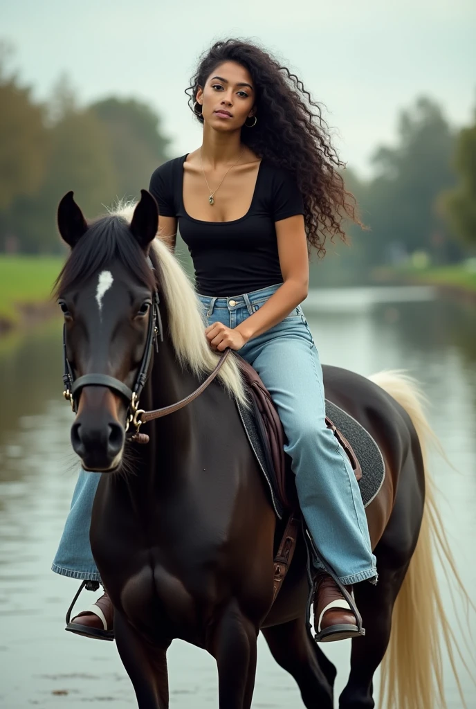 thoroughbred horse with a white mane and tail but a black body being ridden by a young woman with contoured curves, youthful and French features, brown eyes and a calm look, splattered nose, thick lips, naturally made up , dressed in wide-leg jeans and a tight top, with long and defined curly hair color black , BY TEZ CLARA, With a river in the background and she's looking at it