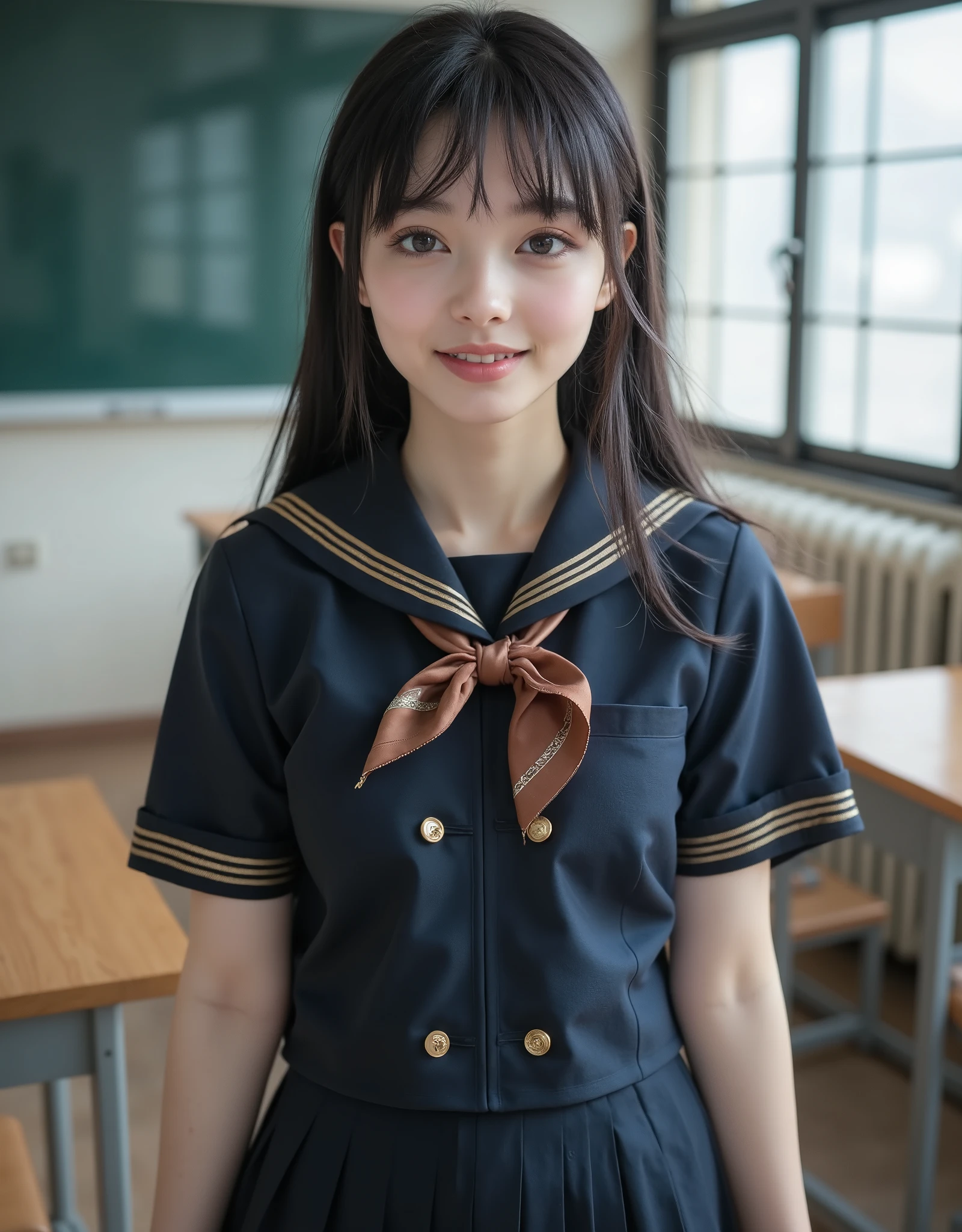 (Canon), (EOS R5), (50mm), ((( photorealistic:1.5))), (No lens flare :1.5), ((超 high resolution)), (masterpiece), accurate,( is presentな質感の肌), more details, high detail, high quality , Award-winning work , 最 high quality, 32K, depth of coverage, digital camera, award-winning glamour photo , professional lighting, (SFW), ((最 high quality:1.5)), ((masterpiece:1.5)), (( is present)), high resolution, is presentな影, Roughness, Real Life,( 1 Japanese woman so beautiful and cute), ((Very young and petite:1.8)), ((Quite ish:1.8)), ( The cuteness of Japan's top idol ), ((Upper body shot seen obliquely from the front :1.5)), (( upper body shot from head to knee :1.5)), ((A cute Japanese girl)), (( middle school clas chair, blackboard, and window visible )), (((Navy blue short sleeve sailor suit with dark blue collar and 3 brown lines :1.8))), (((襟と胸当てが紺色で3本の茶色ラインがある半袖の紺色夏服セーラー服と dark blue flare skirt を着て椅子に座っている:1.8))), (( short sleeve navy blue sailor suit with dark blue collar and breastplate :1.8)), (( sailor suit chest is dark blue with 3 brown lines :1.5)), (( dark blue flare skirt :1.5)), (((セーラー服用のBrown scarf:1.8))), (((Brown scarf:1.8))), ((Navy blue scarf closure :1.5)), (( no front buttons on a sailor suit :1.8)), ((( no accessories:1.9))), ((( No Earrings :1.8))), (((Without necklace:1.8))), (( a very cute high school girl who feels young )), Attractive cuteness , seductive pose holding hands, Height: 150cm, slim figure, Quite small bust, A cup, ((少し歯が見える very cute smile:1.5)), ( alone:1.5), (There is only one person in the classroom), ( brown eyes:1.9), ( Detailed depiction of extremely realistic skin ), (Highly detailed, realistic eyes:1.9), (Very beautiful, long, realistic eyelashes), (Highly detailed, realistic eyebrows), (丸い brown eyes :1.8), ( beautiful catchlight on the eyes), (Realistic lips with moisture ), ( white realistic teeth arranged neatly), ( Beautiful and Detailed Face :1.6), ( Thin Waist:1.5), ( very small bust :1.8), ( clearly contoured cheekbones :1.5), ( perfectly styled body :1.8), (Healthy body :1.8), (Narrow shoulders:1.9), ( viewers), ( seductive gaze), (Beautiful, natural-looking hands), (Short, straight, natural nails), ( show your hands as little as possible ), ( very cute smile:1.1), ( her stomach and navel may be slightly visible:1.4), (straight black hair short hair :1.3), ( beautiful black hair), ( has bangs), Natural atmosphere, Very cute type, beautiful thighs, (( evening classroom )), (( with a pencil case and notebook on her desk :1.4)), (( show your hands as little as possible )), ((I can't show my feet)), blur background, Illuminate the face, cute pose , beautiful body line , Beautiful, realistic skin , Art Photography, beautiful soft lighting , accurate手の形, accurate指の形, accurate指の数,5 fingers on one hand ,((No watermark, No signature))