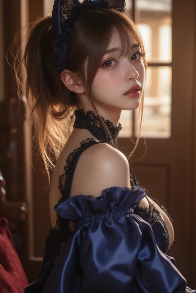 (1 lady), (Best quality at best:1.4), (ultra - detailed), (extremely detailed CG unified 16k), A Beautiful Woman with Perfect Figure: 1.4, Sharp Focus: 1.2, very detailed, High-definition RAW color photo, professional photoshooting, amazing face and eyes, cosmetics, (amazingly beautiful girl), ((frederica bernkastel)), ((purple bow, dress, frills, white kneehighs, kneehighs bow, mary janes, cat tail, tail ornament)), (Sunny day, huge gothic cathedral from outside, urban), realistic cinematic face, photo portrait, shoulders to head view, photorealistic, ((realistic natural orange redhair style, purple eyes, long hair, orange redhair)), gorgeous, extremely beautiful face, perfect model beauty, pout mouth, Highly Detailed Face and Skin Texture, Detailed Eyes, Double Eyelids, Natural Medium Breasts, Smile, cleavages, western, (masterpiece), best quality, high resolution, extremely detailed, blurred background, depth of field, cinematic lighting, clear and well-cared skin,