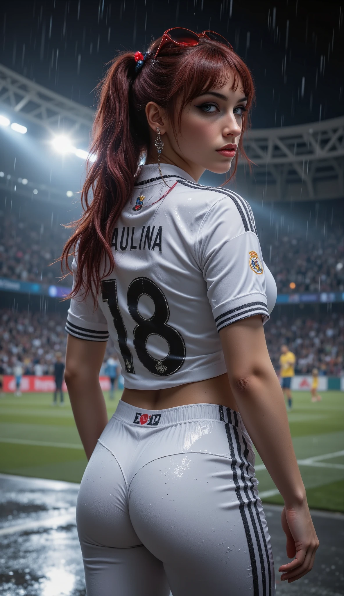Dutch angle(best quality)), (white skin),((masterpiece)), (detailed), sexy woman, gorgeous and sultry, perfect face, beautiful, perfect body, huge breasts, enormous breasts, exuberant breasts, big boobs, busty, perky tits, turgid boobs, fake tits (insanely massive hyper gigantic boobs), voluptuous hourglass body. (120 DD size breasts) Perfect anatomy. large bust, light blue eyes, full lips, smile, long hair, brunette, tight Real Madrid 2024 jersey, white crop top, fitted and tight white legging shorts. She likes to show her generous chest to boys, thin waist, slim waist, desirable, slender body. She has a perfect butt, bubble booty. Name "Paulina" at back, and number 18. Best quality, highres, 16k, 8k. Ultra realistic image,realistic photo, backside, photo taken from behind, show buttocks, rear view in a stadium, offering her perfect round butt, booty, bubble booty, erotic session, (((She is wearing the Real Madrid 2024 player kit with a sexier touch))), add red hearts frame sunglass, the set time is Night with a heavy rain on the field, wet skin, real Madrid logo on the Left SIDE of the shirt with two black stripes, Big ass, seductive smile