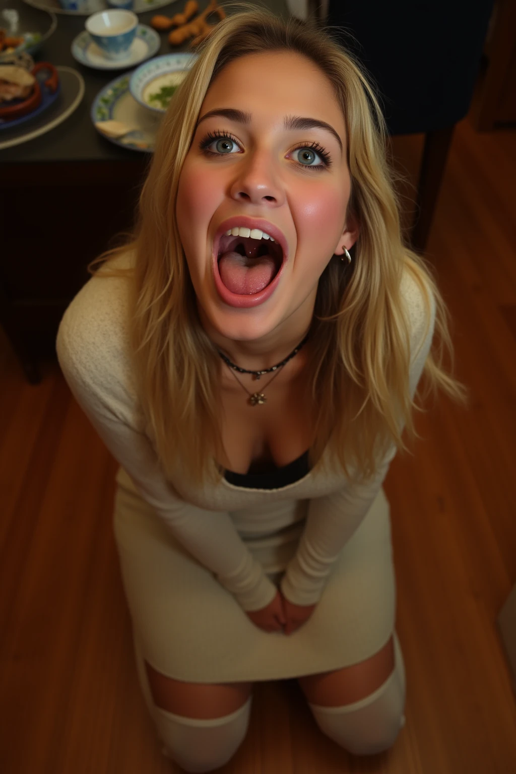 blond girl on knees with mouth open ,Anastasia Ovchinnikova, with dark in room, open eyes