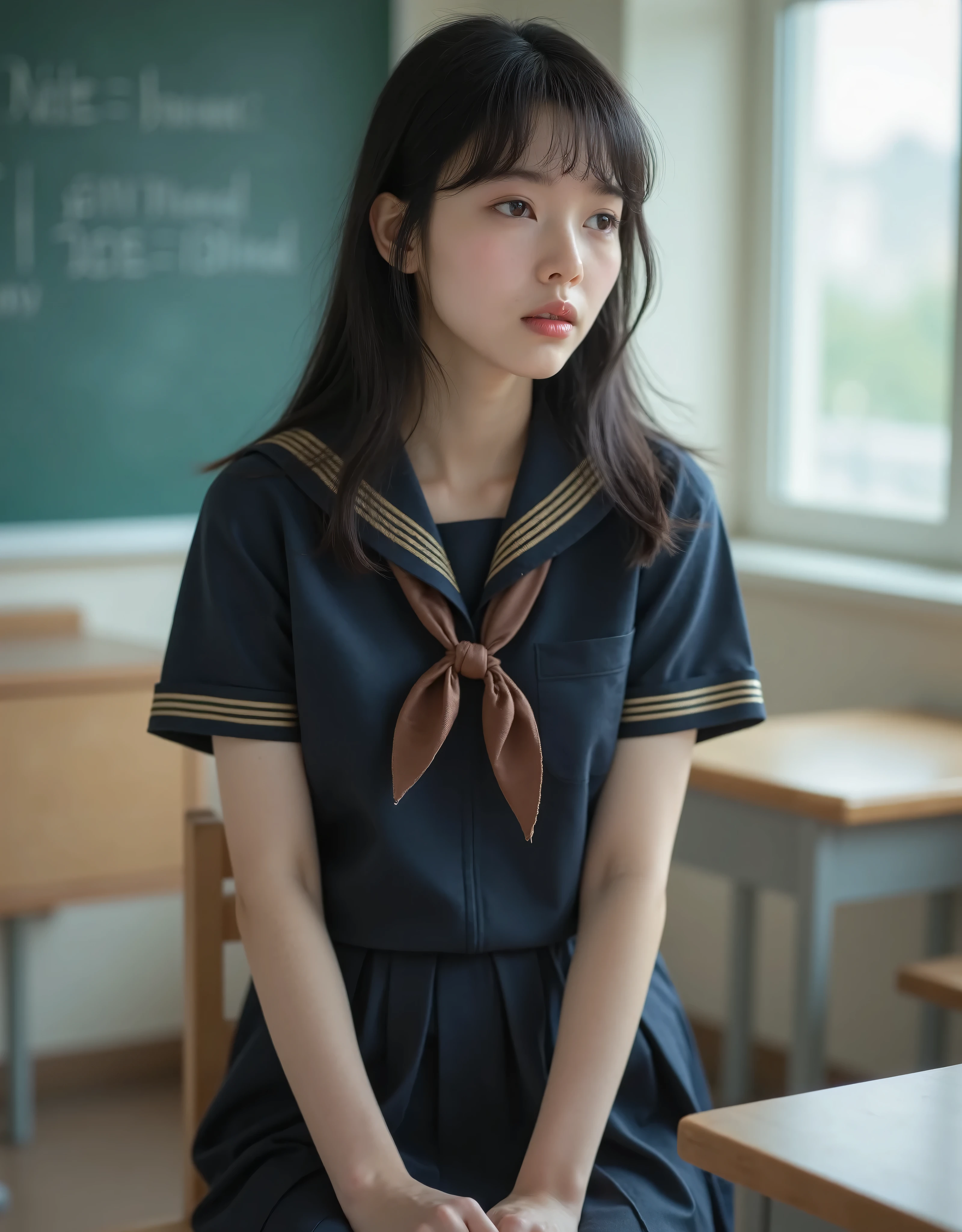 (Canon), (EOS R5), (50mm), ((( photorealistic:1.5))), (No lens flare :1.5), ((超 high resolution)), (masterpiece), accurate,( is present な質感の肌), more details, high detail, high quality , Award-winning work , 最 high quality, 32K, depth of coverage, digital camera, award-winning glamour photo , professional lighting, (SFW), ((最 high quality:1.5)), ((masterpiece:1.5)), (( is present )), high resolution, is present な影, Roughness, Real Life,( 1 Japanese woman so beautiful and cute), ((Very young and petite:1.8)), ((Quite ish:1.8)), ( The cuteness of Japan's top idol ), ((Upper body shot seen obliquely from the front :1.5)), (( upper body shot from head to knee :1.5)), ((A cute Japanese girl)), (( middle school clas chair, blackboard, and window visible )), (((Navy blue short sleeve sailor suit with dark blue collar and 3 brown lines :1.8))), ((( The collar and chest are dark blue and have 3 brown lines, a short-sleeved navy blue summer suit sitting on a chair wearing a sailor suit and a dark blue flare skirt:1.8))), (( short sleeve navy blue sailor suit with dark blue collar and breastplate :1.8)), (( sailor suit chest is dark blue with 3 brown lines :1.5)), (( dark blue flare skirt :1.5)), (((Brown scarf for sailor suit :1.8))), (((Brown scarf:1.8))), ((Navy blue scarf closure :1.5)), (( no front buttons on a sailor suit :1.8)), ((( no accessories:1.9))), ((( No Earrings :1.8))), (((Without necklace:1.8))), (( a very cute high school girl who feels young )), Attractive cuteness , seductive pose holding hands, Height: 150cm, slim figure, Quite small bust, A Cup, (( Very Cute Smile :1.5)), ( alone:1.5), (There is only one person in the classroom), ( brown eyes:1.9), ( Detailed depiction of extremely realistic skin ), (Highly detailed, realistic eyes:1.9), (Very beautiful, Long, realistic eyelashes), (Highly detailed, realistic eyebrows), (丸い brown eyes :1.8), ( beautiful catchlight on the eyes), (Realistic lips with moisture ), ( white realistic teeth arranged neatly), ( Beautiful and Detailed Face :1.6), ( Thin Waist:1.5), ( very small bust :1.8), ( clearly contoured cheekbones :1.5), ( perfectly styled body :1.8), (Healthy body :1.8), (Narrow shoulders:1.9), ( viewers), ( seductive gaze), (Beautiful, natural-looking hands), (Short, straight, natural nails), ( show your hands as little as possible ), ( very cute smile:1.1), ( her stomach and navel may be slightly visible:1.4), (straight black hair short hair :1.3), ( beautiful black hair), ( Has bangs), Natural atmosphere, Very cute type, beautiful thighs, (( evening classroom )), (( with a pencil case and notebook on her desk :1.4)), (( show your hands as little as possible )), ((I can't show my feet)), blur background, Illuminate the face, cute pose , beautiful body line , Beautiful, realistic skin , Art Photography, beautiful soft lighting , Accurate , Accurate , Accurate,5 fingers on one hand ,((No watermark, No signature))