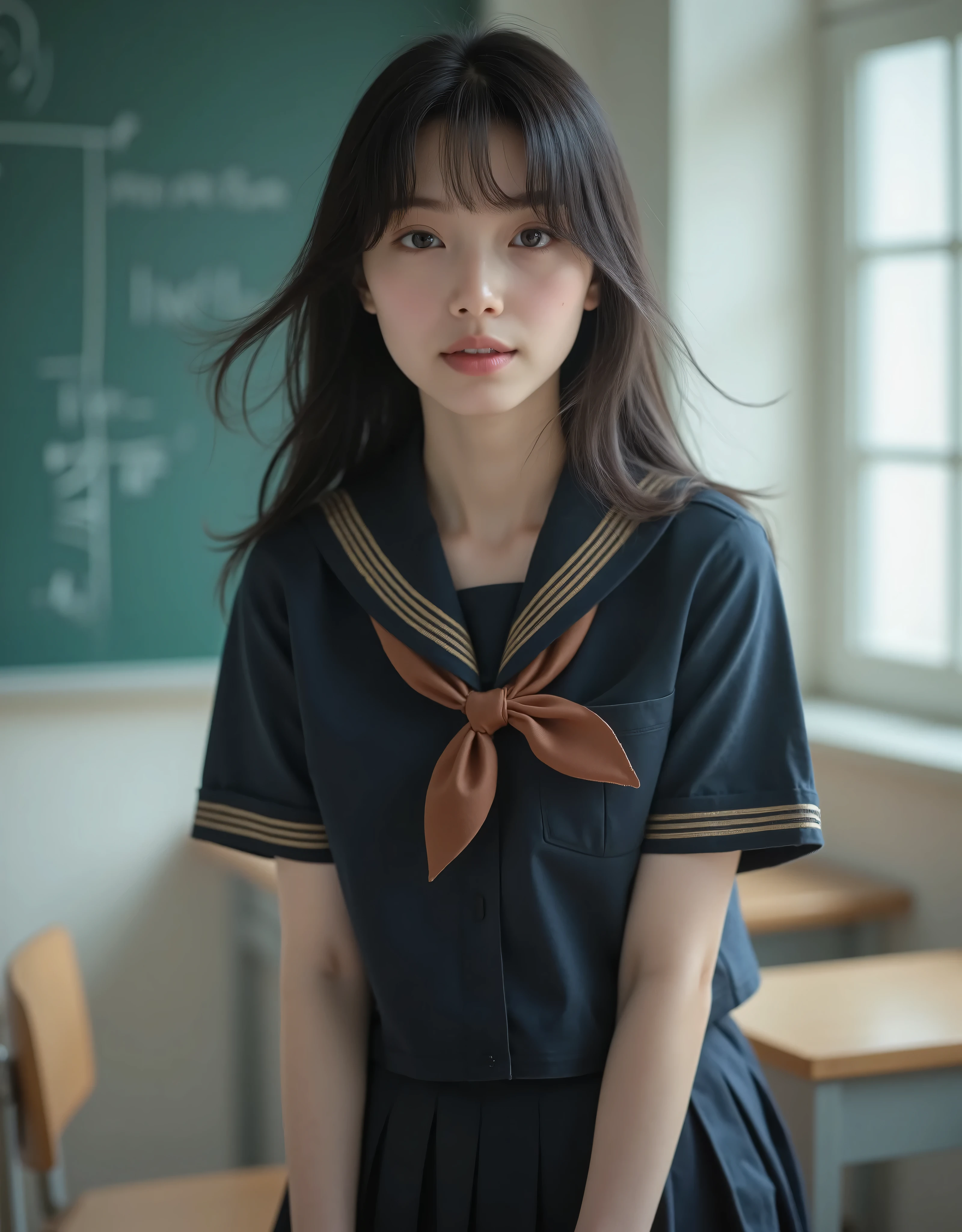 (Canon), (EOS R5), (50mm), ((( photorealistic:1.5))), (No lens flare :1.5), ((超 high resolution)), (masterpiece), accurate,( is present な質感の肌), more details, high detail, high quality , Award-winning work , 最 high quality, 32K, depth of coverage, digital camera, award-winning glamour photo , professional lighting, (SFW), ((最 high quality:1.5)), ((masterpiece:1.5)), (( is present )), high resolution, is present な影, Roughness, Real Life,( 1 Japanese woman so beautiful and cute), ((Very young and petite:1.8)), ((Quite ish:1.8)), ( The cuteness of Japan's top idol ), ((Upper body shot seen obliquely from the front :1.5)), (( upper body shot from head to knee :1.5)), ((A cute Japanese girl)), (( middle school clas chair, blackboard, and window visible )), (((Navy blue short sleeve sailor suit with dark blue collar and 3 brown lines :1.8))), ((( The collar and chest are dark blue and have 3 brown lines, a short-sleeved navy blue summer suit sitting on a chair wearing a sailor suit and a dark blue flare skirt:1.8))), (( short sleeve navy blue sailor suit with dark blue collar and breastplate :1.8)), (( sailor suit chest is dark blue with 3 brown lines :1.5)), (( dark blue flare skirt :1.5)), (((Brown scarf for sailor suit :1.8))), (((Brown scarf:1.8))), ((Navy blue scarf closure :1.5)), (( no front buttons on a sailor suit :1.8)), ((( no accessories:1.9))), ((( No Earrings :1.8))), (((Without necklace:1.8))), (( a very cute high school girl who feels young )), Attractive cuteness , seductive pose holding hands, Height: 150cm, slim figure, Quite small bust, A Cup, (( Very Cute Smile :1.5)), ( alone:1.5), (There is only one person in the classroom), ( brown eyes:1.9), ( Detailed depiction of extremely realistic skin ), (Highly detailed, realistic eyes:1.9), (Very beautiful, Long, realistic eyelashes), (Highly detailed, realistic eyebrows), (丸い brown eyes :1.8), ( beautiful catchlight on the eyes), (Realistic lips with moisture ), ( white realistic teeth arranged neatly), ( Beautiful and Detailed Face :1.6), ( Thin Waist:1.5), ( very small bust :1.8), ( clearly contoured cheekbones :1.5), ( perfectly styled body :1.8), (Healthy body :1.8), (Narrow shoulders:1.9), ( viewers), ( seductive gaze), (Beautiful, natural-looking hands), (Short, straight, natural nails), ( show your hands as little as possible ), ( very cute smile:1.1), ( her stomach and navel may be slightly visible:1.4), (straight black hair short hair :1.3), ( beautiful black hair), ( Has bangs), Natural atmosphere, Very cute type, beautiful thighs, (( evening classroom )), (( with a pencil case and notebook on her desk :1.4)), (( show your hands as little as possible )), ((I can't show my feet)), blur background, Illuminate the face, cute pose , beautiful body line , Beautiful, realistic skin , Art Photography, beautiful soft lighting , Accurate , Accurate , Accurate,5 fingers on one hand ,((No watermark, No signature))