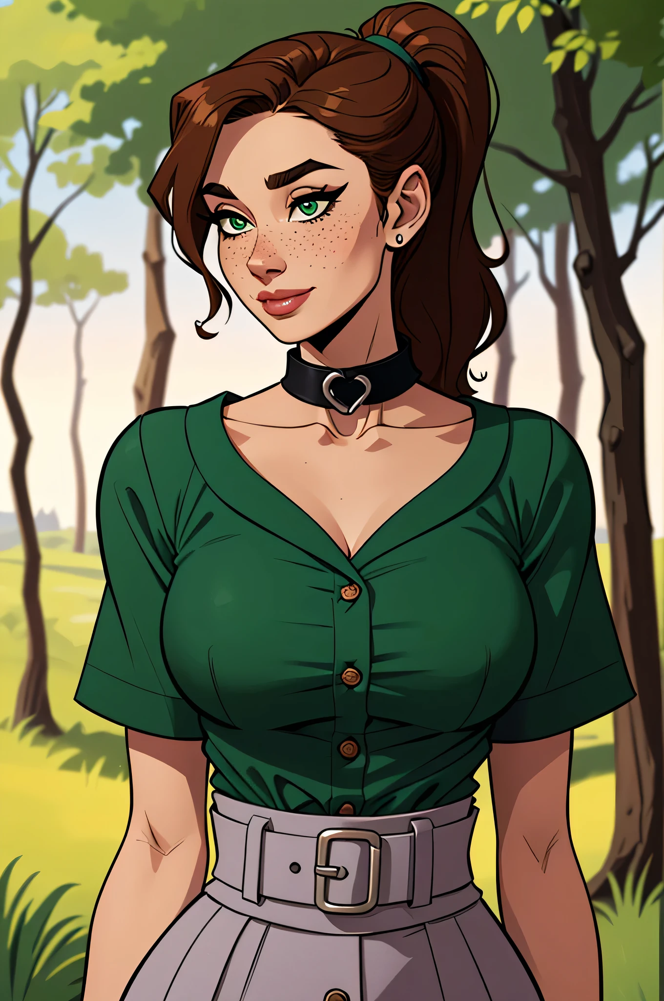 ( absurd, HD , ultra detailed, be careful with your hand ) Close up of a thin and athletic woman , 25 years, 8k (( high definition )), sighing smile , look seductive, Green Eyes Pants, nose fine, forest green shirt (( with buttons, short sleeves and Italian collar )), discreet skirt with belt, thin waist, her two arms are positioned on the sides of her body, pele morena, long brown hair (( with ponytail and fringes )), Walking through the woods (( upper body )), with freckles on the neck and breasts , (( large round breasts )), (( Well defined collarbone)). Marvel style (( HQ )), forest in the background .