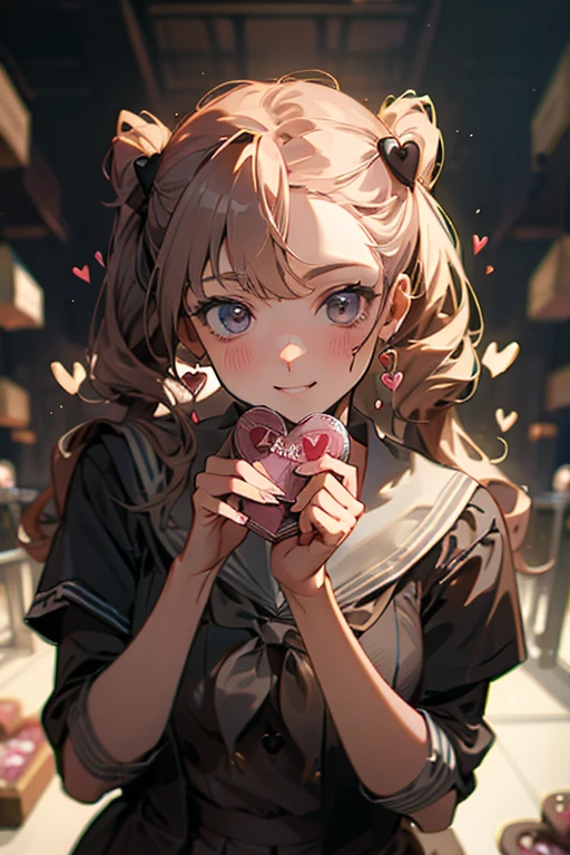 happy cute anime girl , taking a big heart , love love background , sweety , masterpiece, high quality