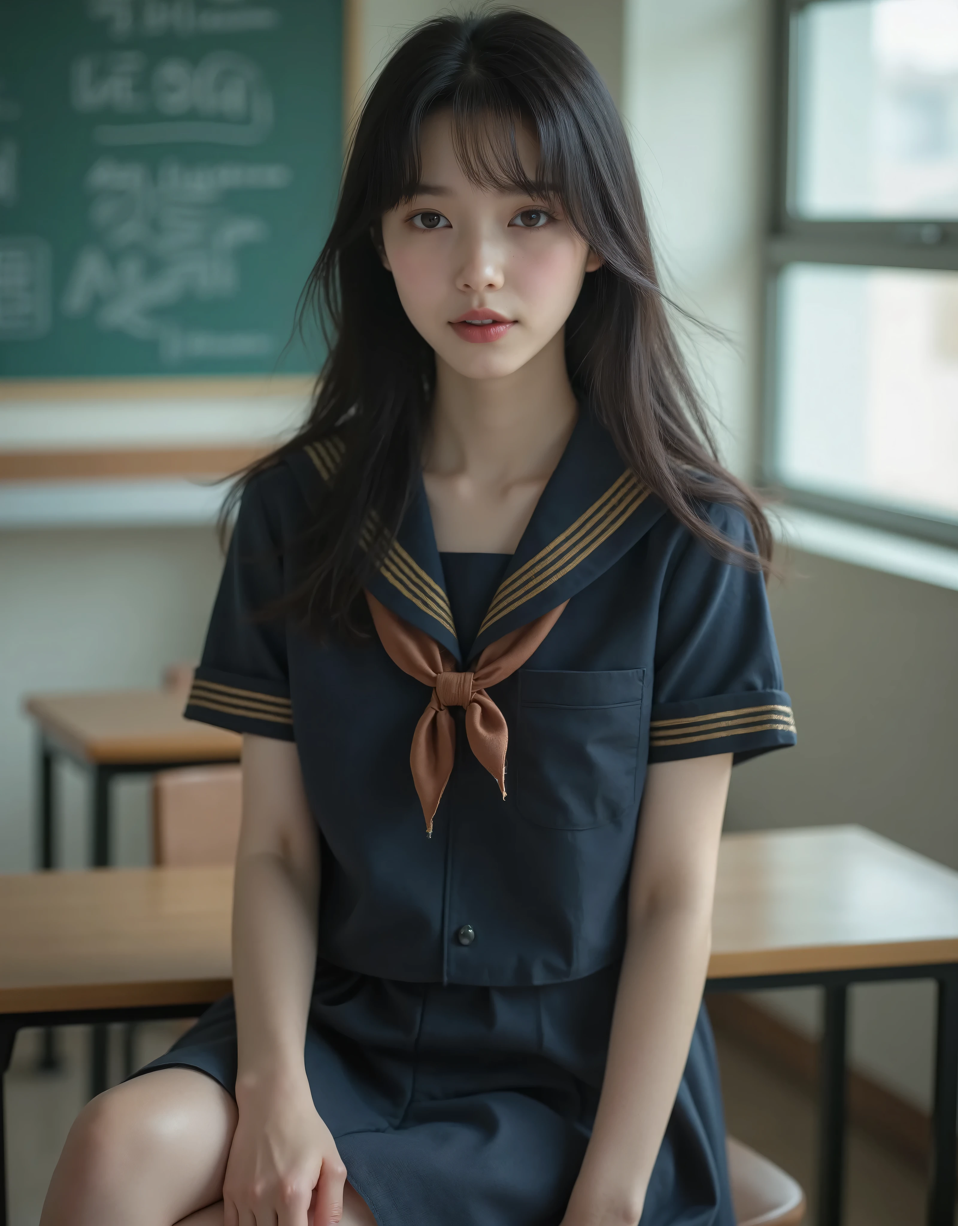 (Canon), (EOS R5), (50mm), ((( photorealistic:1.5))), (No lens flare :1.5), ((超 high resolution)), (masterpiece), accurate,( is present な質感の肌), more details, high detail, high quality , Award-winning work , 最 high quality, 32K, depth of coverage, digital camera, award-winning glamour photo , professional lighting, (SFW), ((最 high quality:1.5)), ((masterpiece:1.5)), (( is present )), high resolution, is present な影, Roughness, Real Life,( 1 Japanese woman so beautiful and cute), ((Very young and petite:1.8)), ((Quite ish:1.8)), ( The cuteness of Japan's top idol ), ((Upper body shot seen obliquely from the front :1.5)), (( upper body shot from head to knee :1.5)), ((A cute Japanese girl)), (( middle school clas chair, blackboard, and window visible )), (((Navy blue short sleeve sailor suit with dark blue collar and 3 brown lines :1.8))), ((( The collar and chest are dark blue and have 3 brown lines, a short-sleeved navy blue summer suit sitting on a chair wearing a sailor suit and a dark blue flare skirt:1.8))), (( short sleeve navy blue sailor suit with dark blue collar and breastplate :1.8)), (( sailor suit chest is dark blue with 3 brown lines :1.5)), (( dark blue flare skirt :1.5)), (((Brown scarf for sailor suit :1.8))), (((Brown scarf:1.8))), ((Navy blue scarf closure :1.5)), (( no front buttons on a sailor suit :1.8)), ((( no accessories:1.9))), ((( No Earrings :1.8))), (((Without necklace:1.8))), (( a very cute high school girl who feels young )), Attractive cuteness , seductive pose holding hands, Height: 150cm, slim figure, Quite small bust, A Cup, (( Very Cute Smile :1.5)), ( alone:1.5), (There is only one person in the classroom), ( brown eyes:1.9), ( Detailed depiction of extremely realistic skin ), (Highly detailed, realistic eyes:1.9), (Very beautiful, Long, realistic eyelashes), (Highly detailed, realistic eyebrows), (丸い brown eyes :1.8), ( beautiful catchlight on the eyes), (Realistic lips with moisture ), ( white realistic teeth arranged neatly), ( Beautiful and Detailed Face :1.6), ( Thin Waist:1.5), ( very small bust :1.8), ( clearly contoured cheekbones :1.5), ( perfectly styled body :1.8), (Healthy body :1.8), (Narrow shoulders:1.9), ( viewers), ( seductive gaze), (Beautiful, natural-looking hands), (Short, straight, natural nails), ( show your hands as little as possible ), ( very cute smile:1.1), ( her stomach and navel may be slightly visible:1.4), (straight black hair short hair :1.3), ( beautiful black hair), ( Has bangs), Natural atmosphere, Very cute type, beautiful thighs, (( evening classroom )), (( with a pencil case and notebook on her desk :1.4)), (( show your hands as little as possible )), ((I can't show my feet)), blur background, Illuminate the face, cute pose , beautiful body line , Beautiful, realistic skin , Art Photography, beautiful soft lighting , Accurate , Accurate , Accurate,5 fingers on one hand ,((No watermark, No signature))