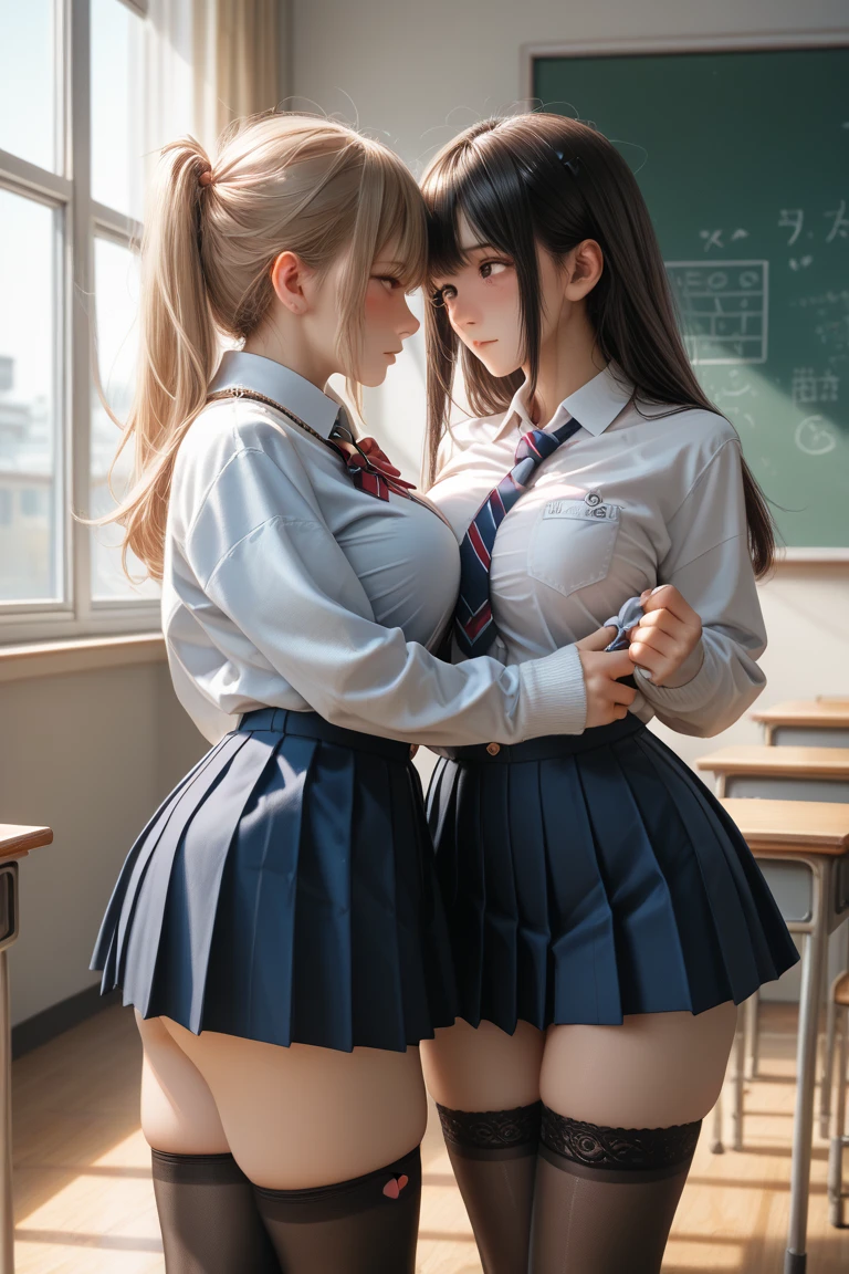 ultra-detailed, ((2 young gorgeous girls long hair)), (BLonde and brunette), (((blue eyes))), ((school uniform)), (((knee length skirt))), (((large round breasts))), (((noticeable areolas through clothes))), (((sitting with legs crossed))), (((thick crossed legs))), (((slim slender curvy figures))), (wary expression), ((oversized white running shoes)), (crowded classroom background), (sfw), (((slender anatomy))),