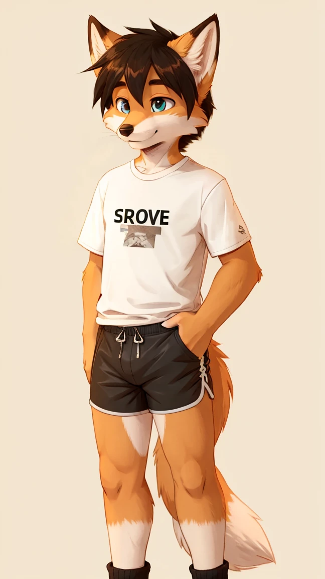 male, arctic wolf, detailed yellow eyes, thick big plain diaper with 4 tapes, slim, sly, glasses, big thick diaper, long tail, tshirt, blushing, embarrassed, pants pulled down