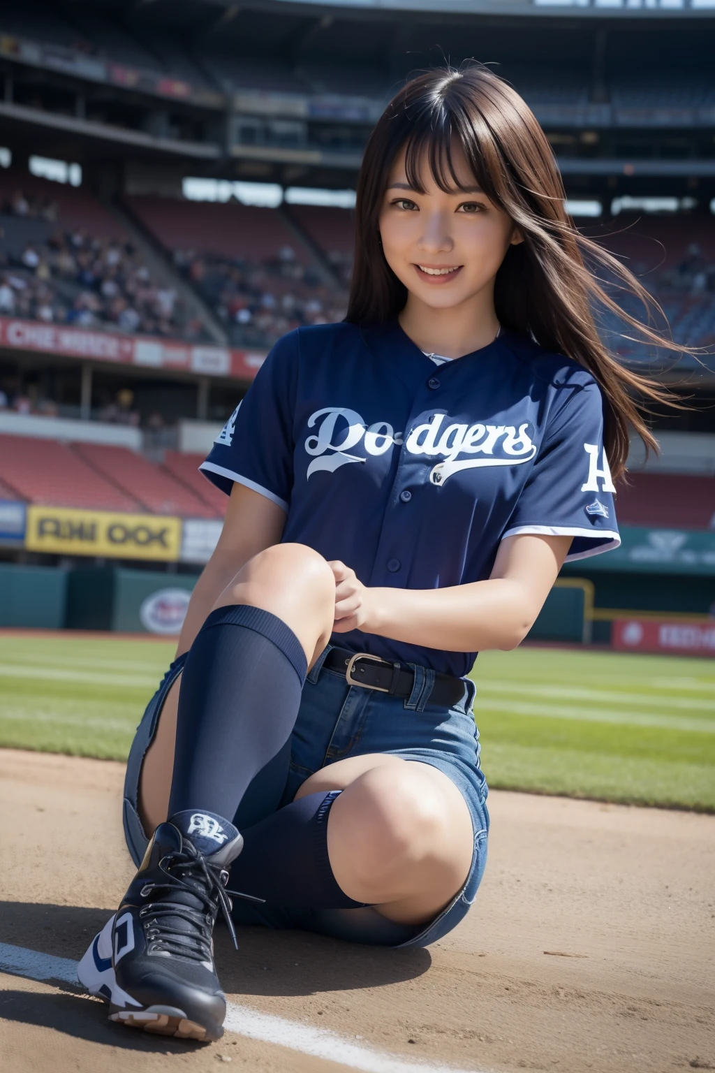 (8K、Raw photography、Highest quality、masterpiece:1.2),(Black Hair、Dark Eyes:1.9),(:1.6)、View your audience,Viewed from the front,White skin,(Baseball uniform:1.4)、(Tight waist:1.6)、(Clothes that accentuate the shape of the breasts:1.0)、(Big Breasts :1.3)、Slim figure、Ultra-high resolution,beautiful,beautiful fece,(One person、No background:1.9),whole bodyボディー,Japanese women,(reality的:1.37)、Photon Mapping,reality、(Baby-faced and cute: 1.4)、(Cute Smile: 1.8)、(Round face: 1.8)、Radio City、Physically Based Rendering、Depth of field rally background、photograph, (I can see your knees、Thigh close-up:1.8),(:1.6),whole body、Great quality