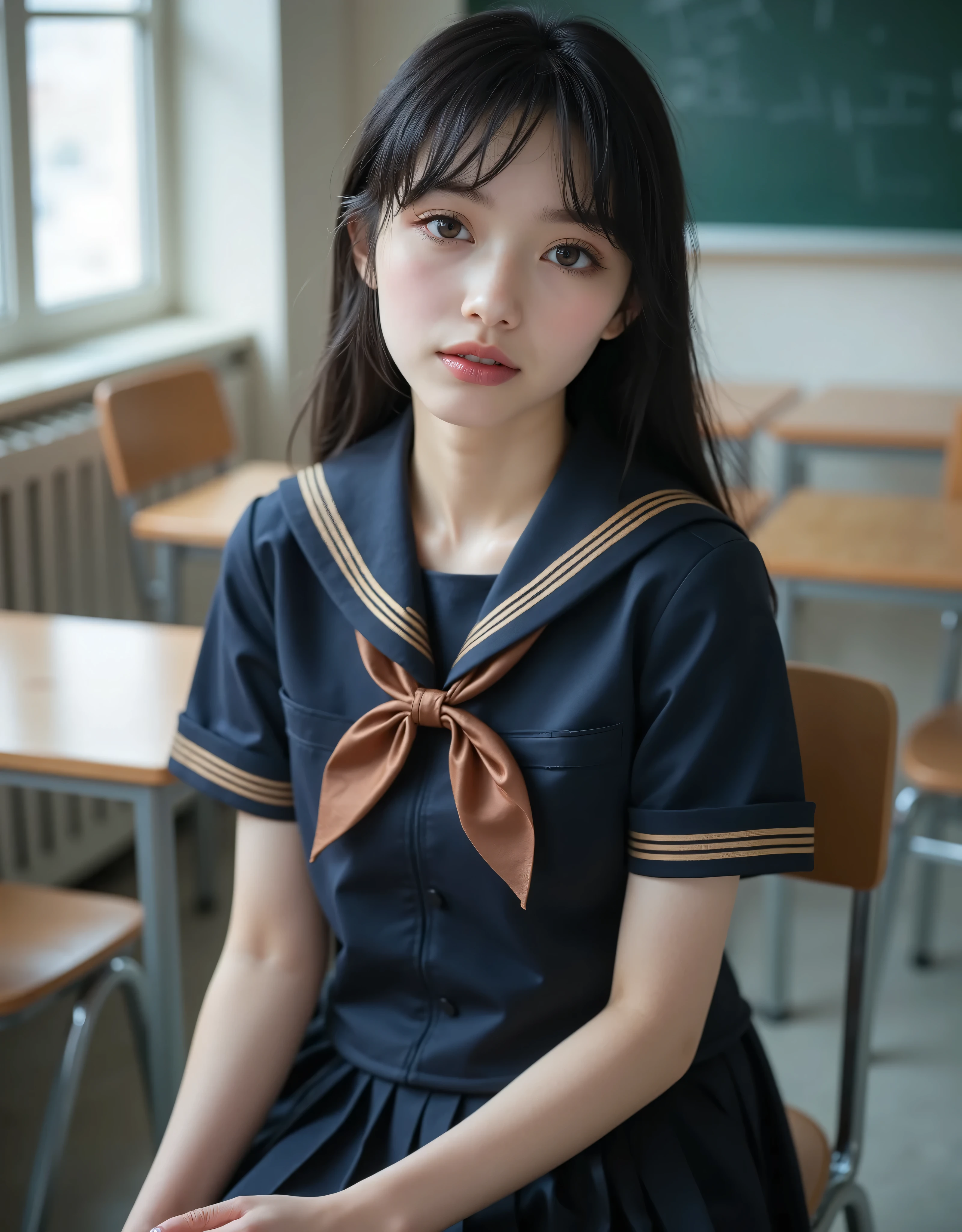 (Canon), (EOS R5), (50mm), ((( photorealistic:1.5))), (No lens flare :1.5), ((超 high resolution)), (masterpiece), accurate,( is present な質感の肌), more details, high detail, high quality , Award-winning work , 最 high quality, 32K, depth of coverage, digital camera, award-winning glamour photo , professional lighting, (SFW), ((最 high quality:1.5)), ((masterpiece:1.5)), (( is present )), high resolution, is present な影, Roughness, Real Life,( 1 Japanese woman so beautiful and cute), ((Very young and petite:1.8)), ((Quite ish:1.8)), ( The cuteness of Japan's top idol ), ((Upper body shot seen obliquely from the front :1.5)), (( upper body shot from head to knee :1.5)), ((A cute Japanese girl)), (( middle school clas chair, blackboard, and window visible )), (((Navy blue short sleeve sailor suit with dark blue collar and 3 brown lines :1.8))), ((( The collar and chest are dark blue and have 3 brown lines, a short-sleeved navy blue summer suit sitting on a chair wearing a sailor suit and a dark blue flare skirt:1.8))), (( short sleeve navy blue sailor suit with dark blue collar and breastplate :1.8)), (( sailor suit chest is dark blue with 3 brown lines :1.5)), (( dark blue flare skirt :1.5)), (((Brown scarf for sailor suit :1.8))), (((Brown scarf:1.8))), ((Navy blue scarf closure :1.5)), (( no front buttons on a sailor suit :1.8)), ((( no accessories:1.9))), ((( No Earrings :1.8))), (((Without necklace:1.8))), (( a very cute high school girl who feels young )), Attractive cuteness , seductive pose holding hands, Height: 150cm, slim figure, Quite small bust, A Cup, (( Very Cute Smile :1.5)), ( alone:1.5), (There is only one person in the classroom), ( brown eyes:1.9), ( Detailed depiction of extremely realistic skin ), (Highly detailed, realistic eyes:1.9), (Very beautiful, Long, realistic eyelashes), (Highly detailed, realistic eyebrows), (丸い brown eyes :1.8), ( beautiful catchlight on the eyes), (Realistic lips with moisture ), ( white realistic teeth arranged neatly), ( Beautiful and Detailed Face :1.6), ( Thin Waist:1.5), ( very small bust :1.8), ( clearly contoured cheekbones :1.5), ( perfectly styled body :1.8), (Healthy body :1.8), (Narrow shoulders:1.9), ( viewers), ( seductive gaze), (Beautiful, natural-looking hands), (Short, straight, natural nails), ( show your hands as little as possible ), ( very cute smile:1.1), ( her stomach and navel may be slightly visible:1.4), (straight black hair short hair :1.3), ( beautiful black hair), ( Has bangs), Natural atmosphere, Very cute type, beautiful thighs, (( evening classroom )), (( with a pencil case and notebook on her desk :1.4)), (( show your hands as little as possible )), ((I can't show my feet)), blur background, Illuminate the face, cute pose , beautiful body line , Beautiful, realistic skin , Art Photography, beautiful soft lighting , Accurate , Accurate , Accurate,5 fingers on one hand ,((No watermark, No signature))