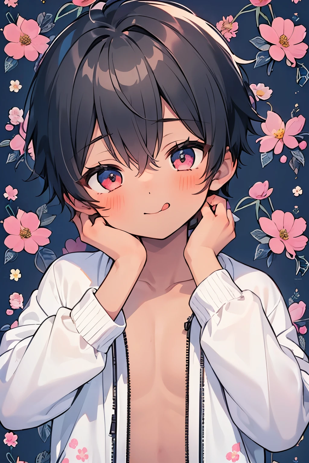 ((1-boy :1.5)),(( adult male:1.0)),black hair,(very short hair:1.0),(odd-eyes:0.85),((Kirakira eyes :1.0)),(looking viewer:0.8),(looking up:0.5),((kawaii)),(crouching:0.5),((dodge pattern background:0.85)),((hand to own face:1.0)),(thinking about:0.8),(stick out your tongue when you smile:1.0),(portrait:0.8),((long sleeve naked jacket:1.0)),((naked,nsfw:1.0)),((flower illustration pattern background:1.3)),((dark skin body:1.1)),