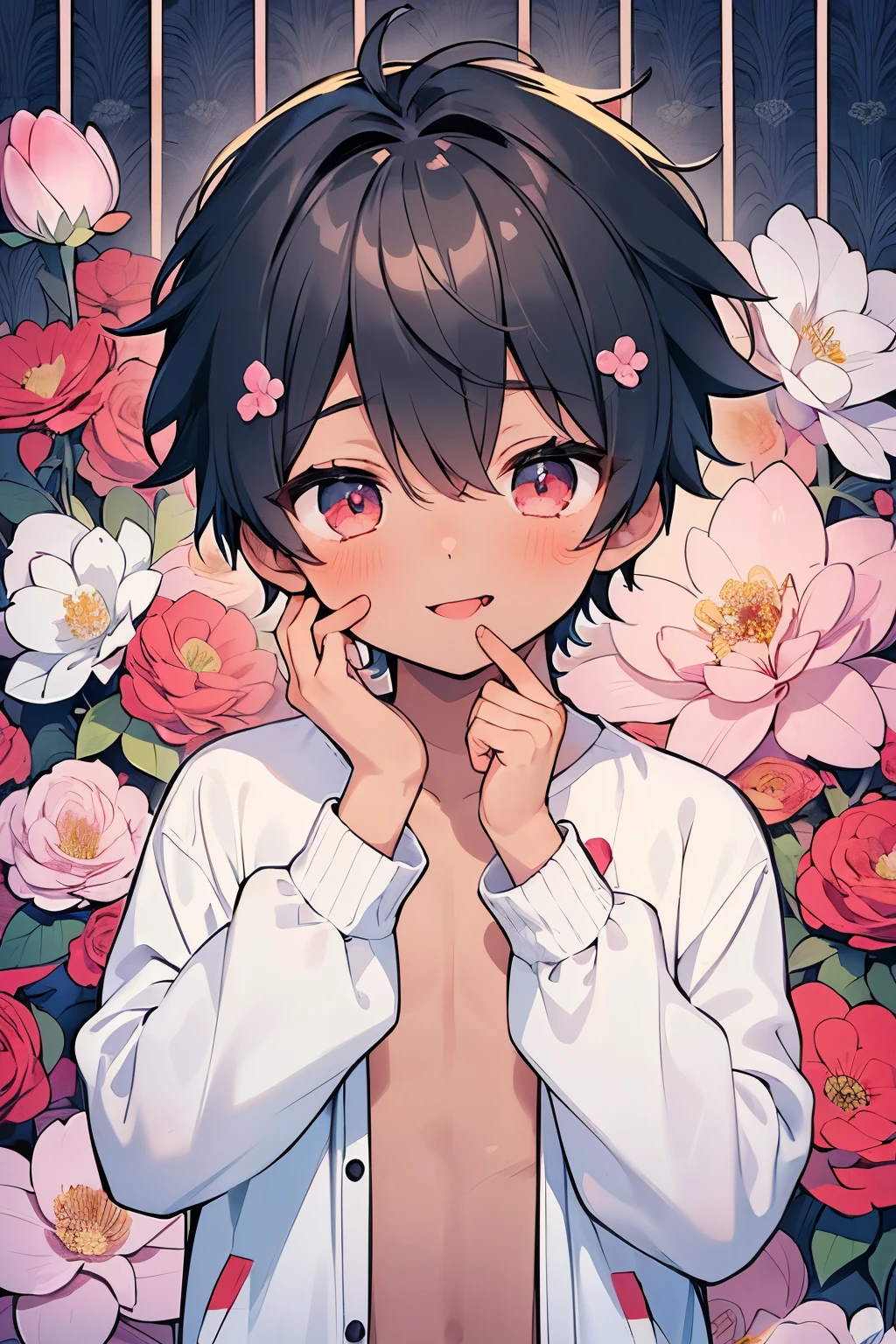 ((1-boy :1.5)),(( adult male:1.0)),black hair,(very short hair:1.0),(odd-eyes:0.85),((Kirakira eyes :1.0)),(looking viewer:0.8),(looking up:0.5),((kawaii)),((dodge pattern background:0.85)),((hand to own face:1.0)),(stick out your tongue when you smile:1.0),(portrait:0.8),((long sleeve naked jacket:1.0)),((naked,nsfw:1.0)),((flower illustration pattern background:1.3)),((dark skin body:1.1)),