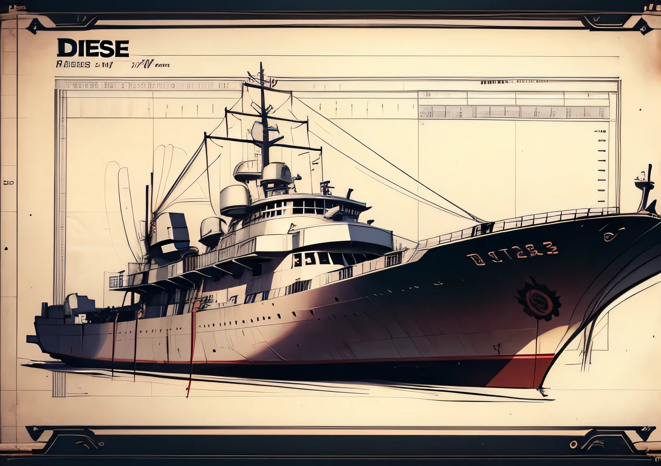 diesel war boat blueprint, three view, concept sketch blueprint,masterpiece, best quality ,high resolution