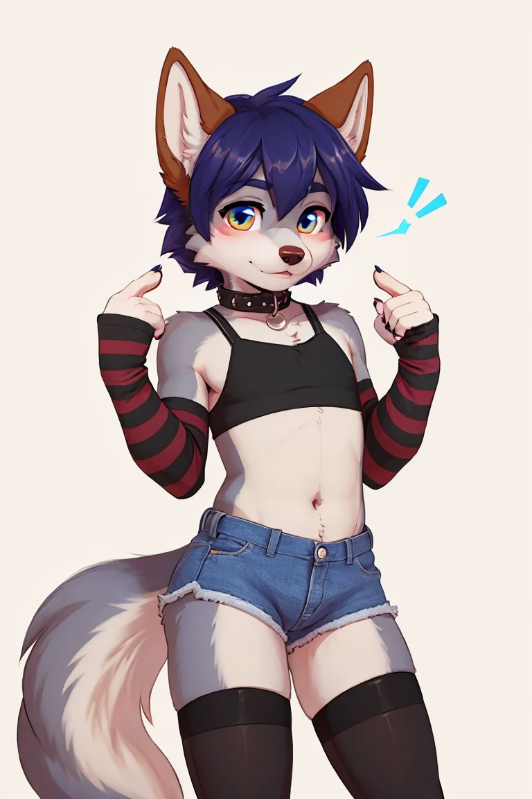 femboy, wolf boy, short shorts, crop top, flat chested, thigh highs, arm warmers, tight collar