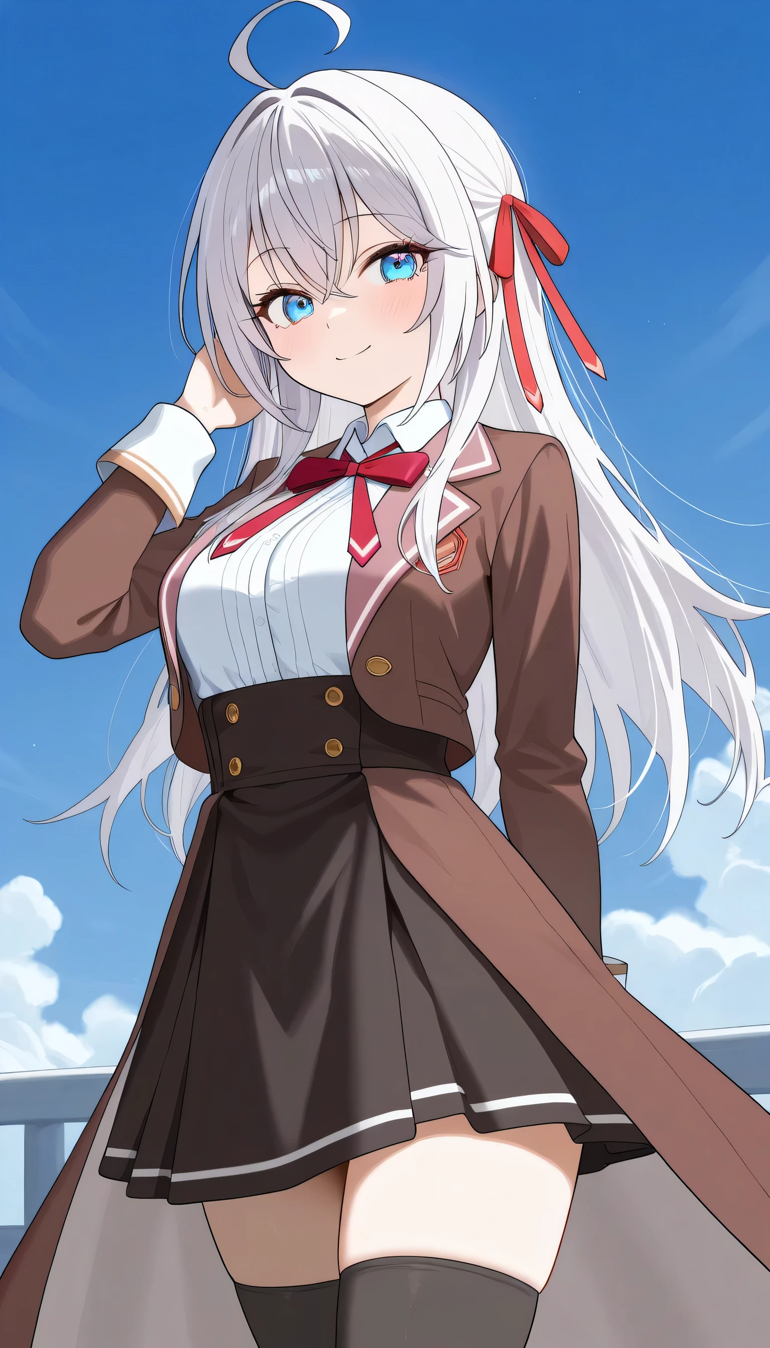 Alisa Mikhailovna Kujou White long-haired girl with red ribbons, beautiful blue eyes, long eyelashes, medium breasts, wearing a white short-sleeved shirt, brown long-sleeved outerwear, a black short hoof skirt, a walk along the river.