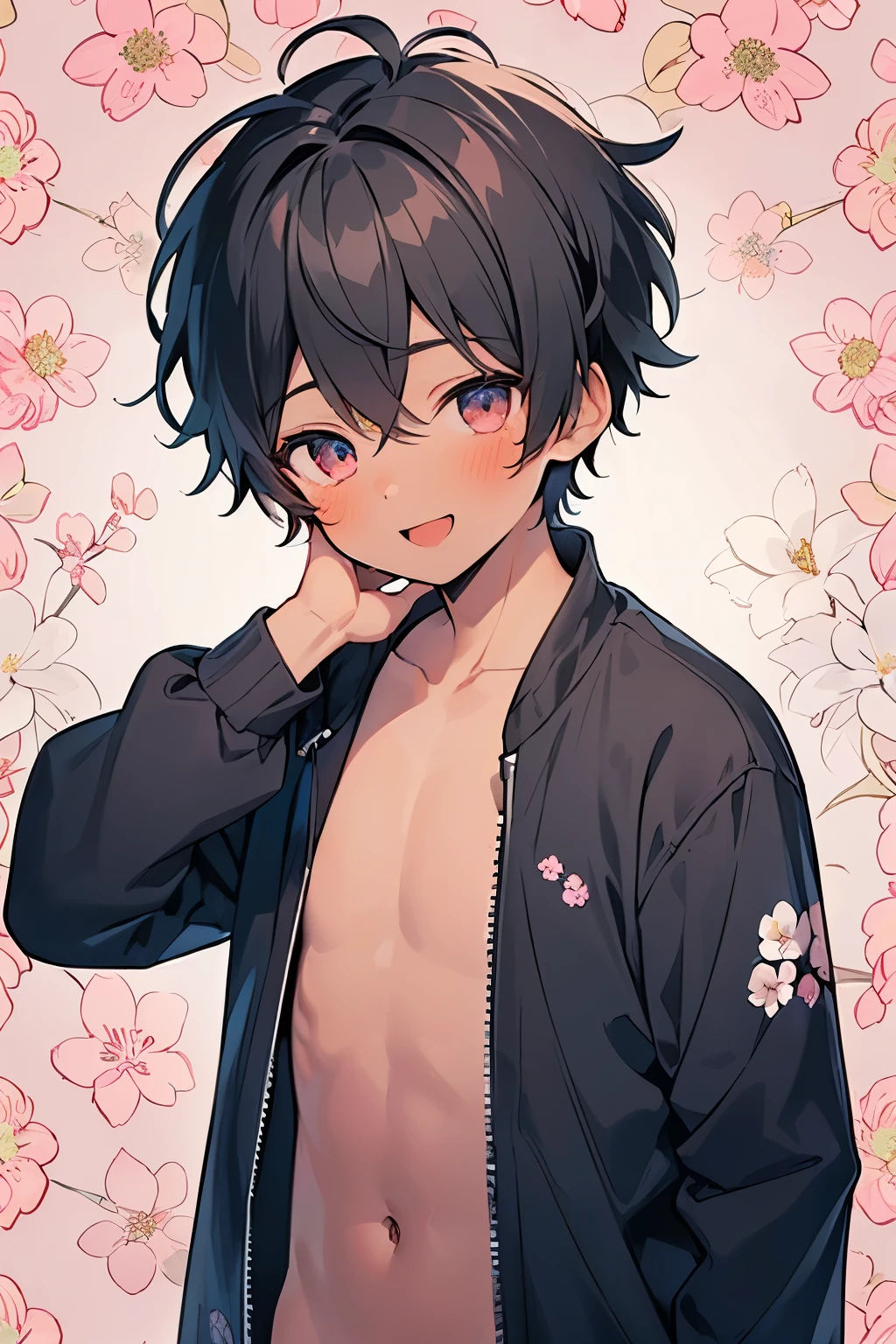 ((1-boy :1.5)),(( adult male:1.0)),black hair,(very short hair:1.0),(odd-eyes:0.85),((Kirakira eyes :1.0)),(looking viewer:0.8),(looking up:0.5),((kawaii)),((dodge pattern background:0.85)),((hand to own face:1.0)),(open to mouth with smile:1.0),(portrait:0.8),((long sleeve naked jacket:1.0)),((naked,nsfw:1.0)),((flower illustration pattern background:1.3)),((dark skin body:1.1)),