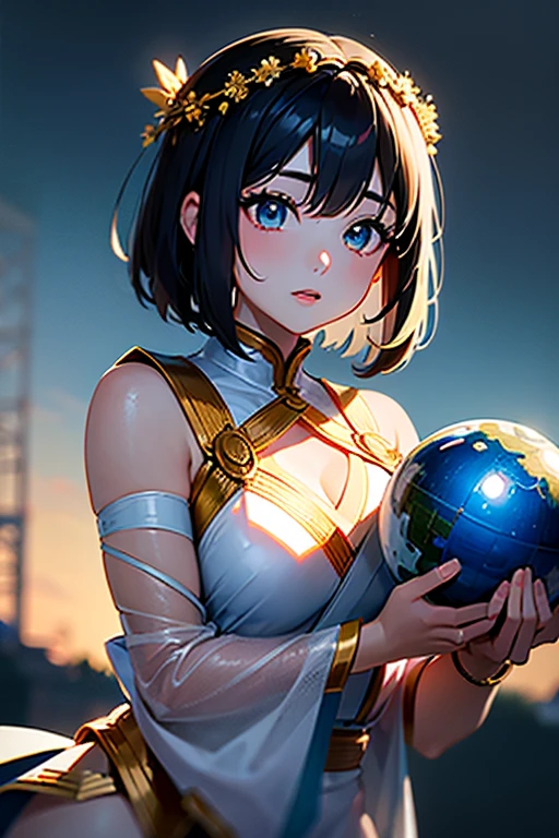 1 20 yo girl, Holding the blue planet in hand, Being in the air, Bird's eye view, sci fi city, There is glare,