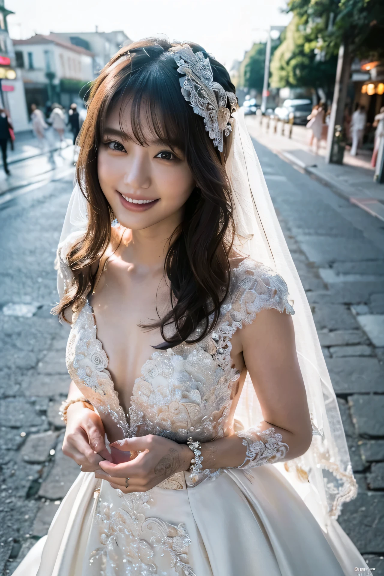 Tabletop, highest quality, figure, Very detailed, In detail, High resolution, 8k wallpaper, Perfect dynamic composition, Beautiful fine details, White Wedding Dress,Medium Hair, Center of chest, Natural color lip, Random sexy poses,smile,Aoyama Street Walk、20-year-old girl