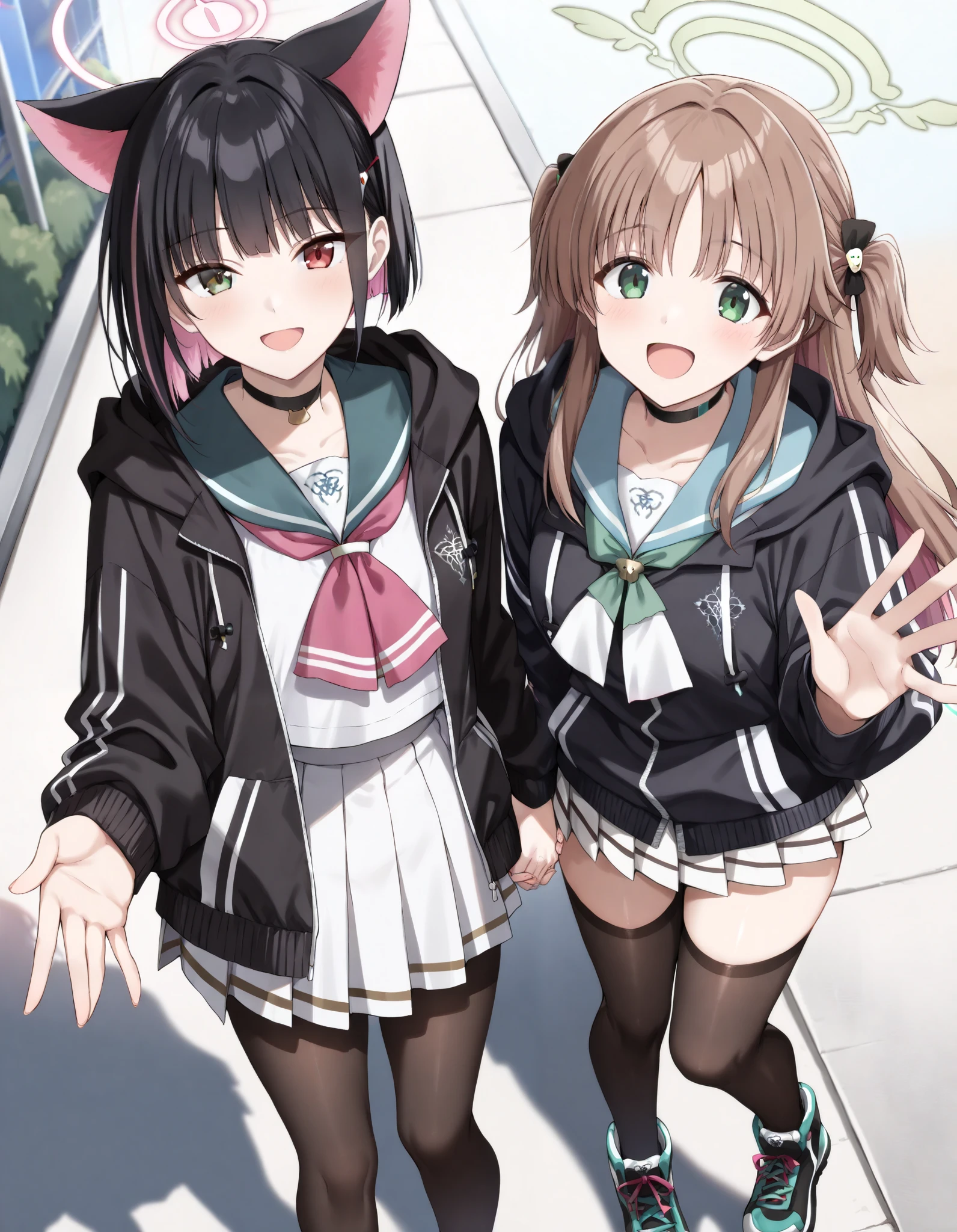 (highest quality), (masterpiece), 1080P, HD, 4K, 8K, Two sisters, Only the nipples are exposed, Parka, Lower body exposed, Medium chest, whole body, thighs, barefoot, barefoot, twin tails, two people are in town,