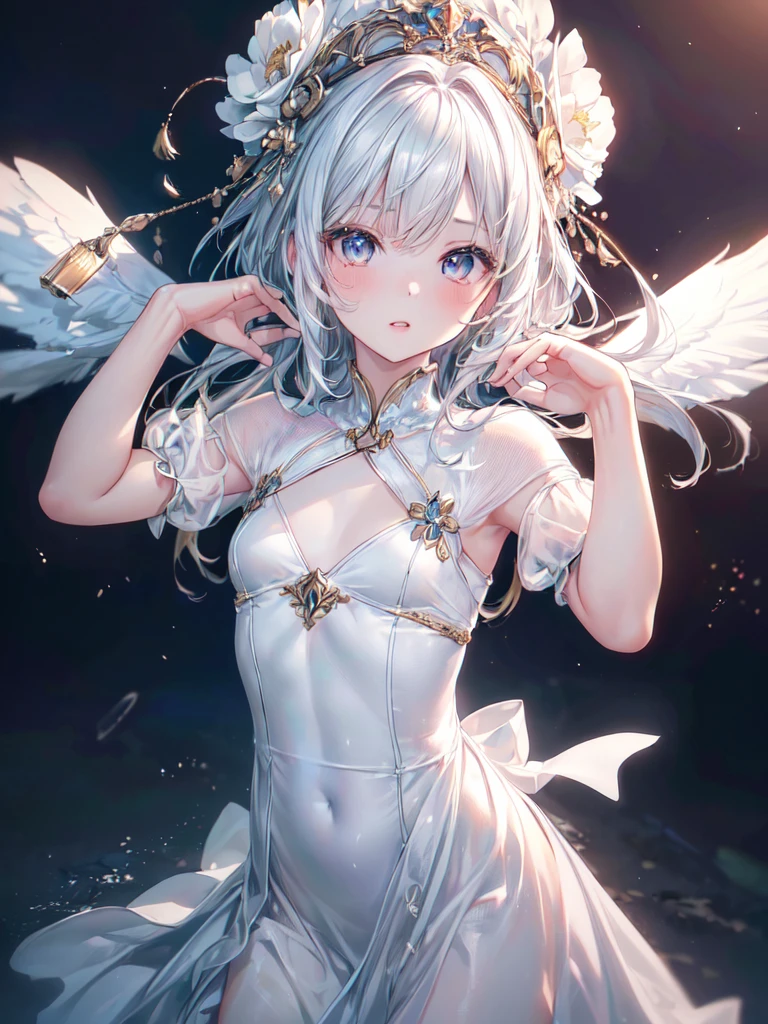 1skinny-delicate cold stinking eyes, sideways glance,ultra detailed,best quality,masterpiece, 18yars old,small bresats,delicate black slender wedding dress&Lace Gothic Choker&6wings-head wear&see through gloves,see-trough vail covered long silver pony tail,wavy slanted frils from slit,delicate gold-jewerly ornaments, light&dark,bangs down,luxuary dance ball,luxuary dance ball