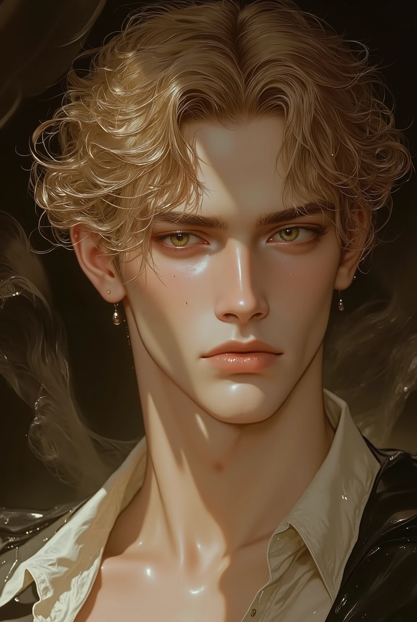 ((best quality)), ((masterpiece)), (detailed), A highly detailed portrait of a handsome young man with a blend of features inspired by two references. He has blonde, curly hair that falls naturally, catching the light with a soft shine that enhances his youthful yet refined look.. His body is toned and athletic, like a professional sportsman, with visible abs and a broad chest, giving him an athletic yet elegant appearance. His skin has a natural, slightly freckled texture, adding character to his appearance. His eyes are striking green, like in the first reference, adding a mesmerizing and intense look. The background is softly blurred, keeping the focus on his distinct features and giving the scene a warm, natural glow.. (((ticks a mustache))). men model face, with wise aura. front face. close up pic