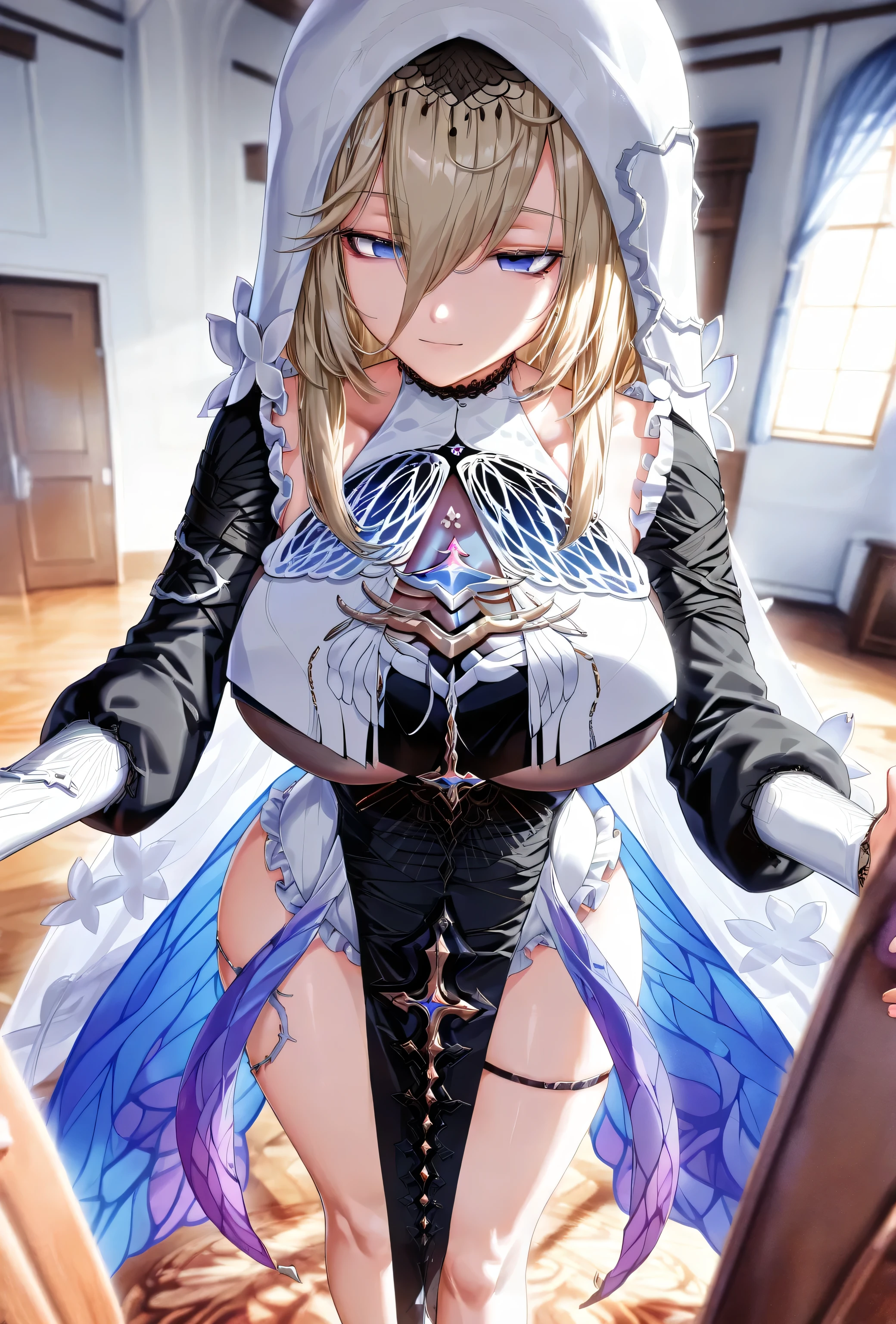 score_9, score_8_up , score_7_up , score_6_up , A woman APONIA of (Honkai Impact), Alone, tools, detail, details:1.5, anime, ((home, interior, Standing)),((Illustrations, Artgerm )),(Really, sense of reality:1.4),( perfect lighting, lententos, Artgerm extremely detailed ), ( blue eyes:0,6), ( realistic details ), ( realistic photo ), ( Perfect Body Structure ), (skin texture style), (realism detailed), (clear and soft skin), (( each highly detailed hair)), (Perfect face), (oval face), ( highly detailed face ), (( seductive expression)), (peach breasts), ( heart butt), (( thick thighs)), (( big ass)), (( cleavage)), ( detailed background: 1.2), (illustration:1.4), ( masterpiece: 1.4), (master piece, best quality:1.4), (High definition), (( perfect fingers , better hands, perfect hands , Perfect Legs, perfect feet)), (symmetrical body and face), (amazing lighting), (3 Renderings), ((Roup a de freira, hood, corset, black dress, dress, habit, long sleeves, nun, Veil)), ((more details, to improve)), ((Opening: f/2.0)), (( depth of field: Average)), ((Angle of 3/4)), ((Spring: grande-angular de 24mm)), (close-up :1.2)), (modern and sophisticated custom interior design, UHD), | front view