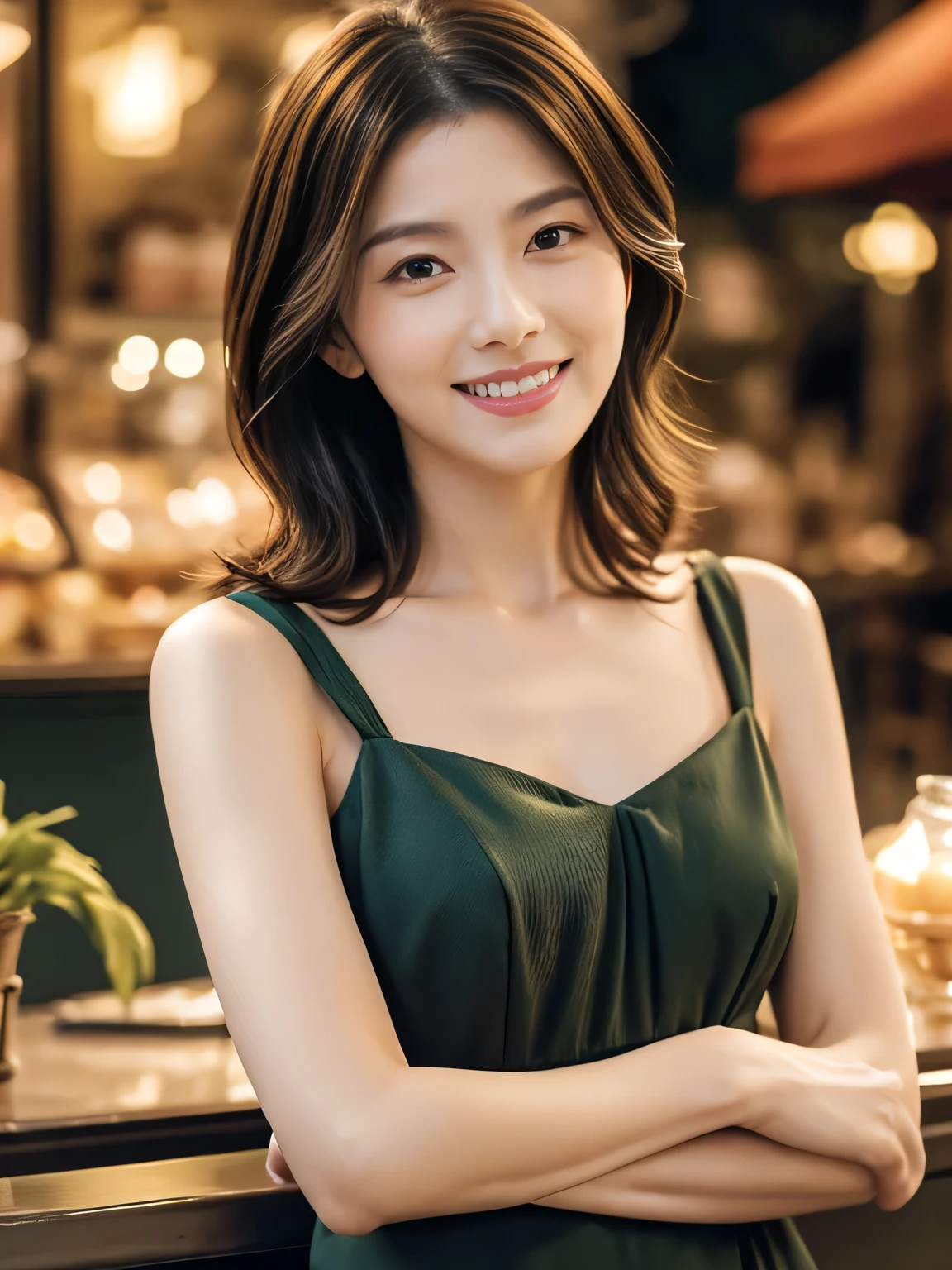(Raw Photo), (Photorealsitic), (Masterpiece), (Best Quality), High Resolution, 8K, (Intricate Details), (Voluminous Light), Portrait, Female, (40 Years Old), Medium Straight Hair, Layered hair, brown hair, very fine eyes, source order, very fine eyebrows, very fine skin, very fine mouth, very fine nose, like an idol, happy smile, (thick lips), (looking at the viewer), (elegant vivid colorful Translucent bustier short dress), full body shot, background is a green park with a brick building, (Random body orientation),