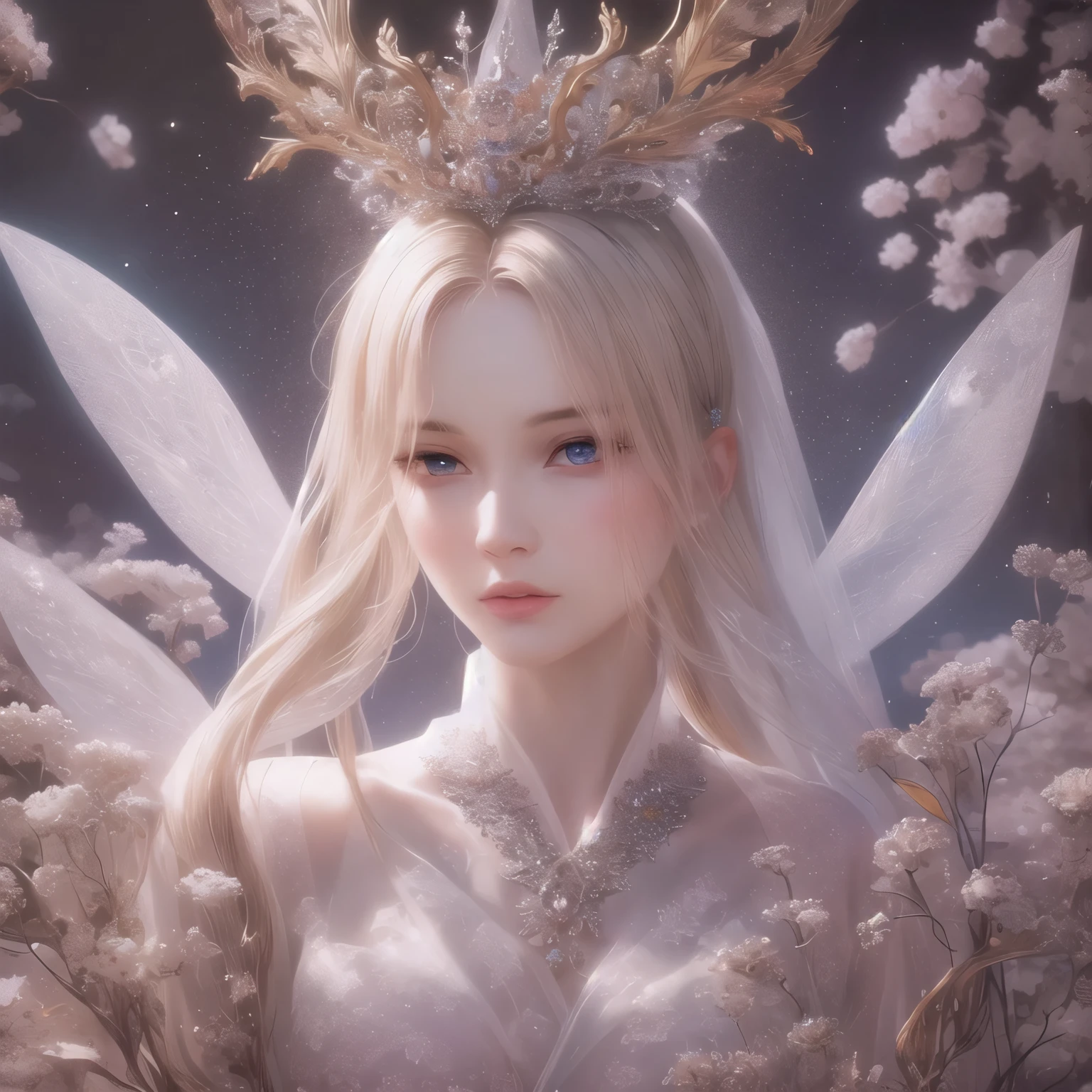 A beautiful fairy queen, stars, moon, milky way, close-up portrait, highly detailed, intricate face, porcelain skin, piercing eyes, delicate lips, elegant headdress, mystical aura, ethereal and enchanting, dramatic lighting, dark fantasy, vibrant colors, glowing and luminous, cinematic composition, award-winning digital art, 8k, photorealistic