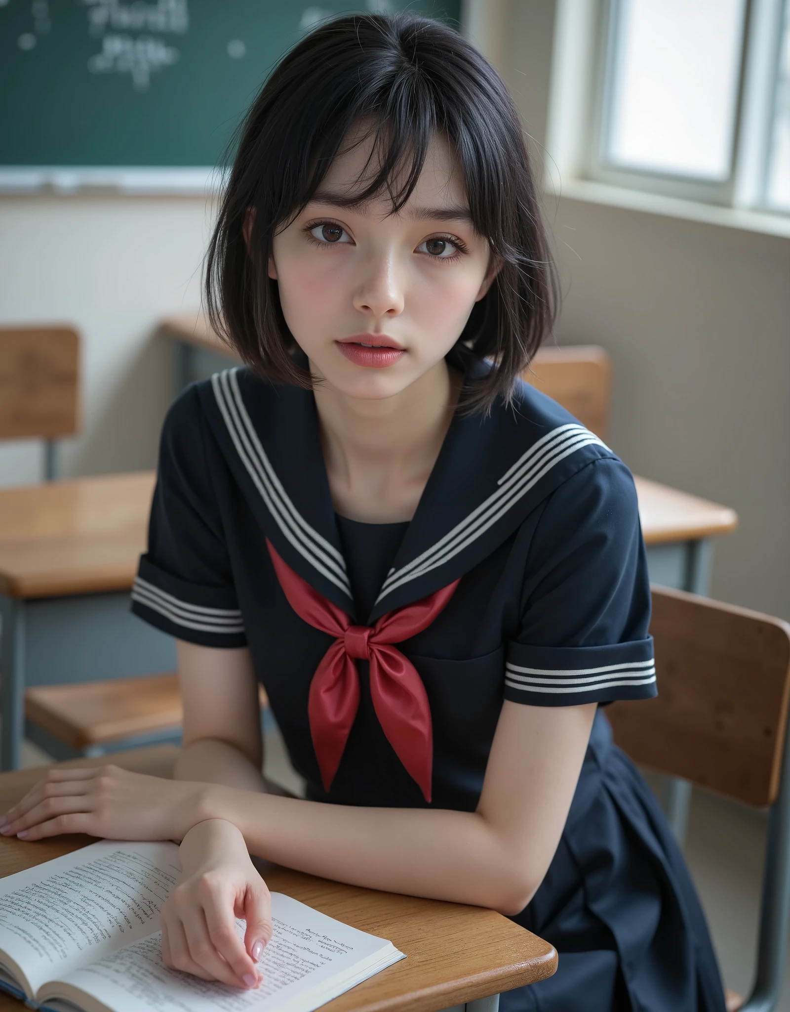 (Canon), (EOS R5), (50mm), ((( photorealistic:1.5))), (No lens flare :1.5), ((超 high resolution)), (masterpiece), accurate,( is presentな質感の肌), more details, high detail, high quality , Award-winning work , 最 high quality, 32K, depth of coverage, digital camera, award-winning glamour photo , professional lighting, (SFW), ((最 high quality:1.5)), ((masterpiece:1.5)), (( is present)), high resolution, is presentな影, Roughness, Real Life,( 1 Japanese woman so beautiful and cute), ((Very young and petite:1.8)), ((Quite ish:1.8)), ( The cuteness of Japan's top idol ), ((Upper body shot seen obliquely from the front :1.5)), (( upper body shot from head to knee :1.5)), ((A cute Japanese girl)), (( middle school clas chair, blackboard, and window visible )), ((( A navy blue short sleeve sailor suit with 3 red lines :1.8))), (((襟と胸当てが紺色で3本の赤色ラインがある半袖の紺色夏服セーラー服と dark blue flare skirt を着て椅子に座っている:1.8))), (( short sleeve navy blue sailor suit with dark blue collar and breastplate :1.8)), ((The breastplate of a sailor suit is dark blue and has 3 red lines :1.5)), ((3 red lines :1.8)), (( dark blue flare skirt :1.5)), (((セーラー服用のRed scarf:1.8))), (((Red scarf:1.8))), ((Navy blue scarf closure :1.5)), (( no front buttons on a sailor suit :1.8)), ((( no accessories:1.9))), ((( No Earrings :1.8))), (((Without necklace:1.8))), (( a very cute high school girl who feels young )), Attractive cuteness , seductive pose holding hands, Height: 150cm, slim figure, Quite small bust, A cup, ((少し歯が見える very cute smile:1.5)), ( alone:1.5), (There is only one person in the classroom), ( brown eyes:1.9), ( Detailed depiction of extremely realistic skin ), (Highly detailed, realistic eyes:1.9), (Very beautiful, long, realistic eyelashes), (Highly detailed, realistic eyebrows), (丸い brown eyes :1.8), ( beautiful catchlight on the eyes), (Realistic lips with moisture ), ( white realistic teeth arranged neatly), ( Beautiful and Detailed Face :1.6), ( Thin Waist:1.5), ( very small bust :1.8), ( clearly contoured cheekbones :1.5), ( perfectly styled body :1.8), (Healthy body :1.8), (Narrow shoulders:1.9), ( viewers), ( seductive gaze), (Beautiful, natural-looking hands), (Short, straight, natural nails), ( show your hands as little as possible ), ( very cute smile:1.1), ( her stomach and navel may be slightly visible:1.4), (straight black hair short hair :1.3), ( beautiful black hair), ( has bangs), Natural atmosphere, Very cute type, beautiful thighs, (( evening classroom )), (( with a pencil case and notebook on her desk :1.4)), (( show your hands as little as possible )), ((I can't show my feet)), blur background, Illuminate the face, cute pose , beautiful body line , Beautiful, realistic skin , Art Photography, beautiful soft lighting , accurate手の形, accurate指の形, accurate指の数,5 fingers on one hand ,((No watermark, No signature))