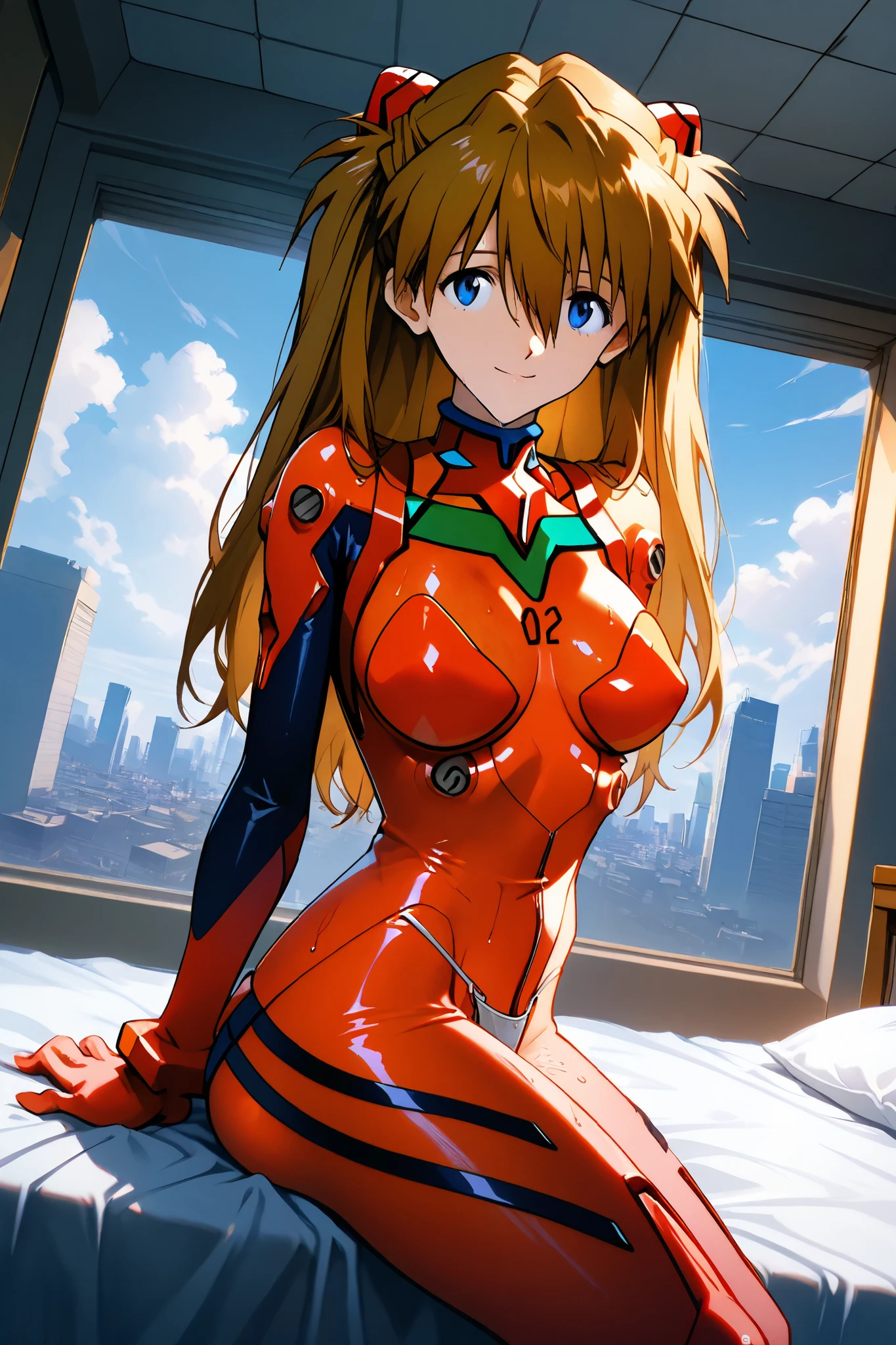 asuka_langley,1 female,solo,looking at the scenery,smile,
I_,wet brown hair,viewer,blue eyes,long hair,hair between the eyes,beautiful eyes,more detailed hair,
bodystocking(1.3),
portrait,background,day,cloudy,city,
face_concentration,close-up,
beautiful legs,very thin thighs,thin calves,beautiful face,beautiful skin,
large breast,nallow waist,butt close-up,Sweaty,incontinence,White Breath,I can see her panties,anatomically correct,
highest quality,masterpiece,high definition,soft lighting,
indoors,on bed,bed room,cowboy shot,dutch angle