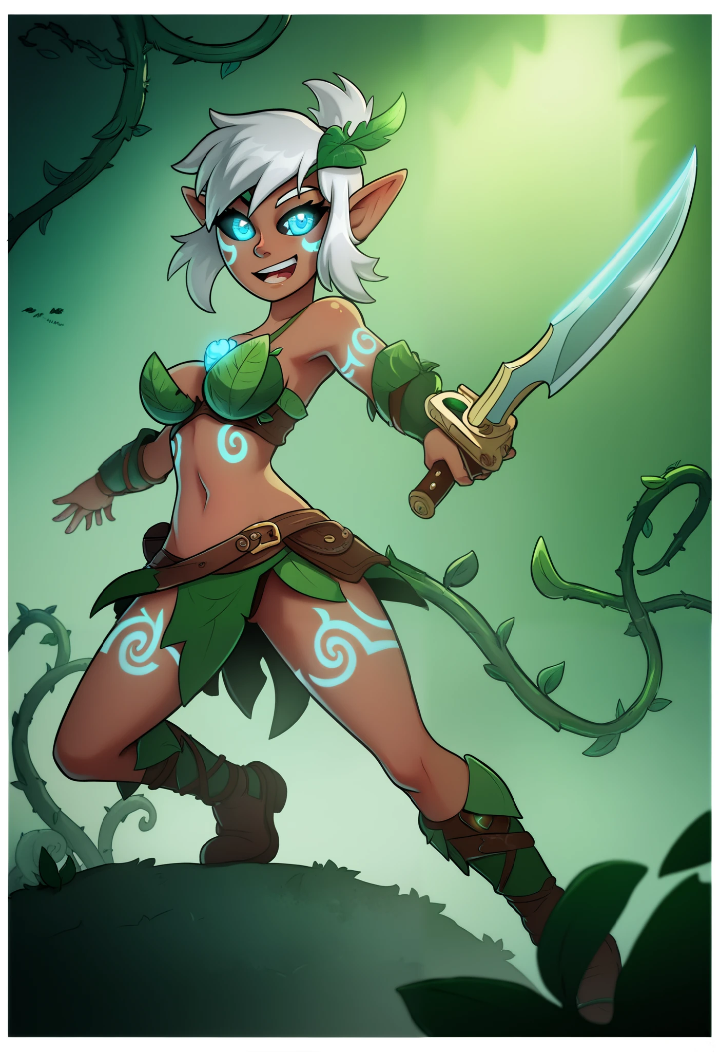 a young woman with slender curves and dark skin. She has curly white hair and sharp elven ears. Her intense blue eyes have black sclera, adding a striking contrast. She wears leaf armor. She is standing in a battle ready position wielding a sharp verdant green dagger. In the background, dark, thorny vines twist and coil around her. detailed face, extremely detailed eyes, masterpiece, 4k, 8k, highres, ultra-detailed, physically-based rendering, vivid colors, studio lighting cinematic lighting, dramatic lighting, fantasy, dramatic composition, dynamic pose, volumetric lighting, B-cups, dagger, glowing dagger, green glowing dagger, tribal dagger, leaf-shaped blade, vine-wrapped dagger, verdant energy dagger, nature weapon, elf ears, sharp ears