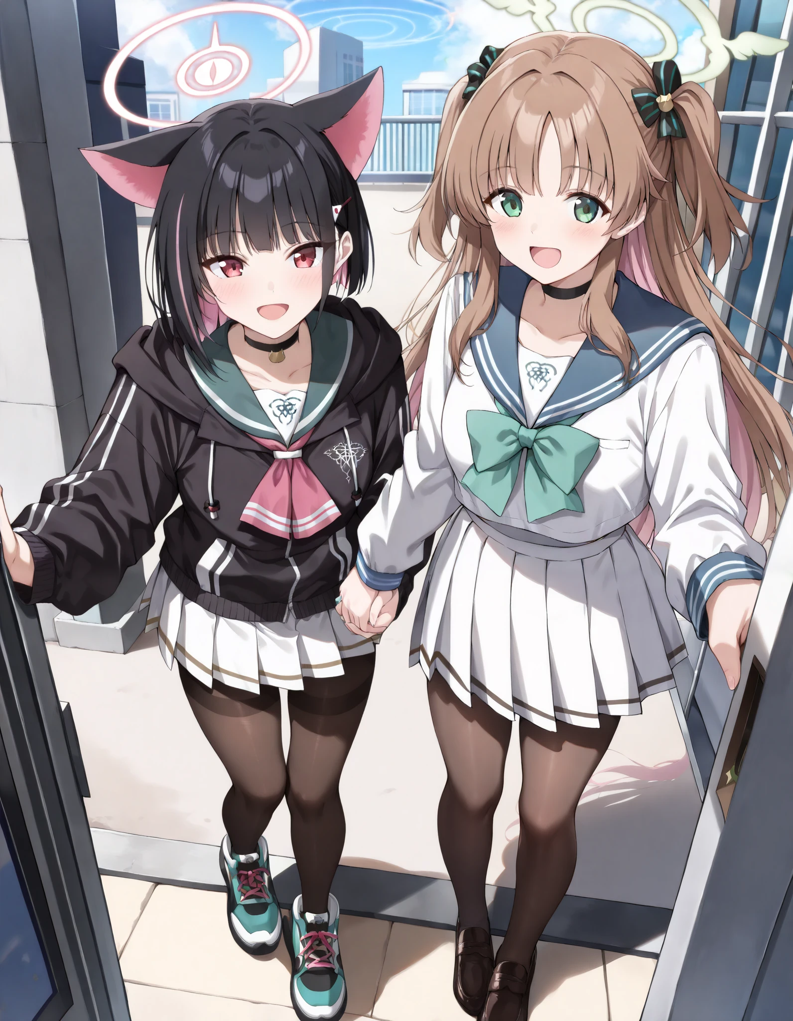 Masterpiece, realistic, solo, hd, best quality, 2girl, 2 girl standing each other, holding hands, ((airi, kurimura Airi, blue archive character,green eyes, brown hair, long hair, hair ornament,green halo, sailor collar, white shirt, long sleeves, green bowtie, white skirt, black frills, thighhighs, black footwear, smile, happy)), ((Kazusa, blue archive, blue archive character, trinity, short hair,skirt,black hair,hair ornament,red eyes,long sleeves,animal ears,jacket,pink hair,pantyhose,sidelocks,pleated skirt,choker,hairclip,cat ears,hood,miniskirt,sailor collar,black jacket,neckerchief,black pantyhose,black choker,halo,white skirt, blue sailor collar, wearing hoddie,colored inner hair,black hoodie,pink neckerchief, smile, opened mouth, happy)), standing, outdoor