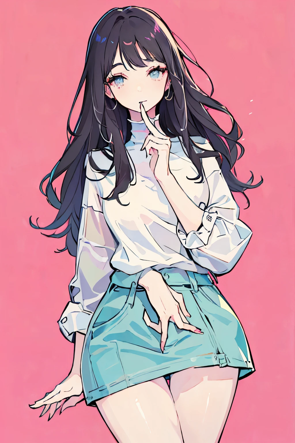 A stunning illustration of a beautiful girl with glossy black hair that shimmers in rainbow hues. She wears a loose-fitting oversized men's white shirt, casually draped over her slender frame, with the long sleeves concealing her hands. She holds the sleeve cuff to her mouth, her large, expressive eyes gazing upward with a hint of shyness. Her cheeks are softly flushed pink, and her long lashes add to her delicate charm. The background bursts with vibrant, colorful heart silhouettes floating in a cheerful and whimsical atmosphere