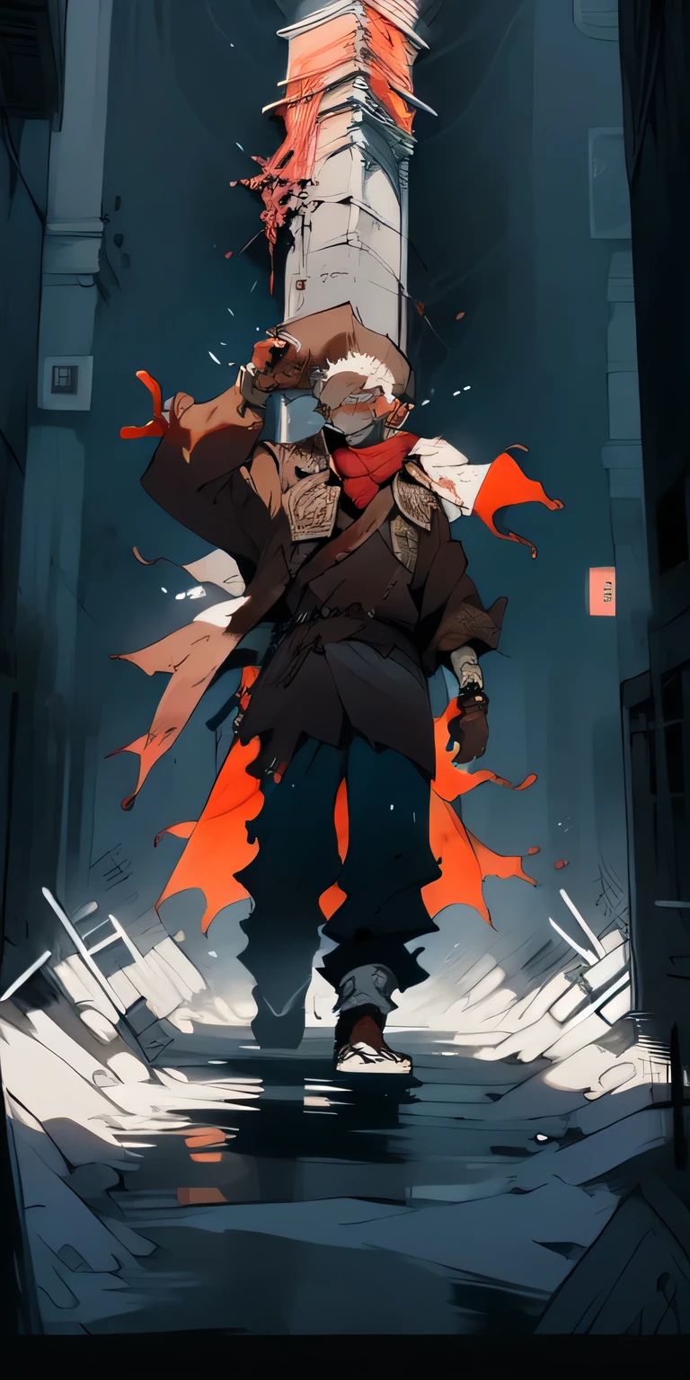 (masterpiece, best quality)Stunningly detailed anime sketch of a solo (toned)), boy with tan skin and short brown hair, standing in a deserted city, his hand outstretched, dark lighting, brown coat, detailed foreground. There a semi-humanoid Digimon named "Key-Mon" standing behind him, towering above him.
