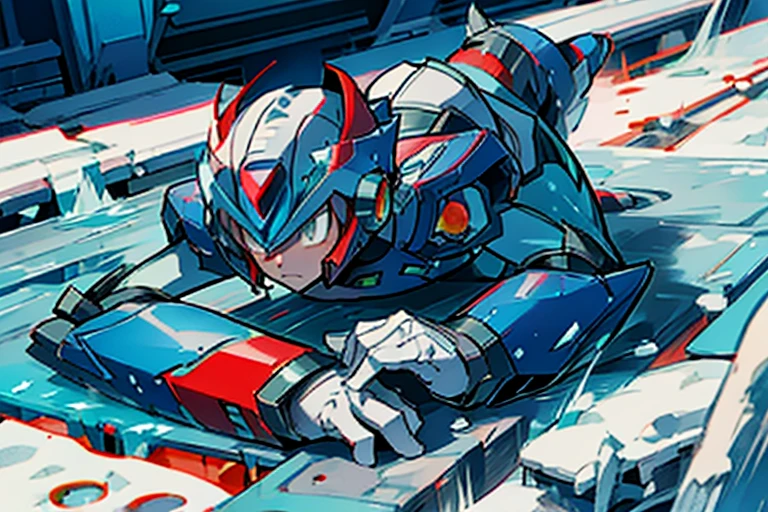Megaman X OC, red hair, Megaman X character, Ice cave, Character Death, Frozen, Thrown away, Blue Glasses, Male, One male, Lying on the ground, Defeated, Robot, Male Robot, Big red shoes, Megaman X Armor, Silver chest, Yellow Arms