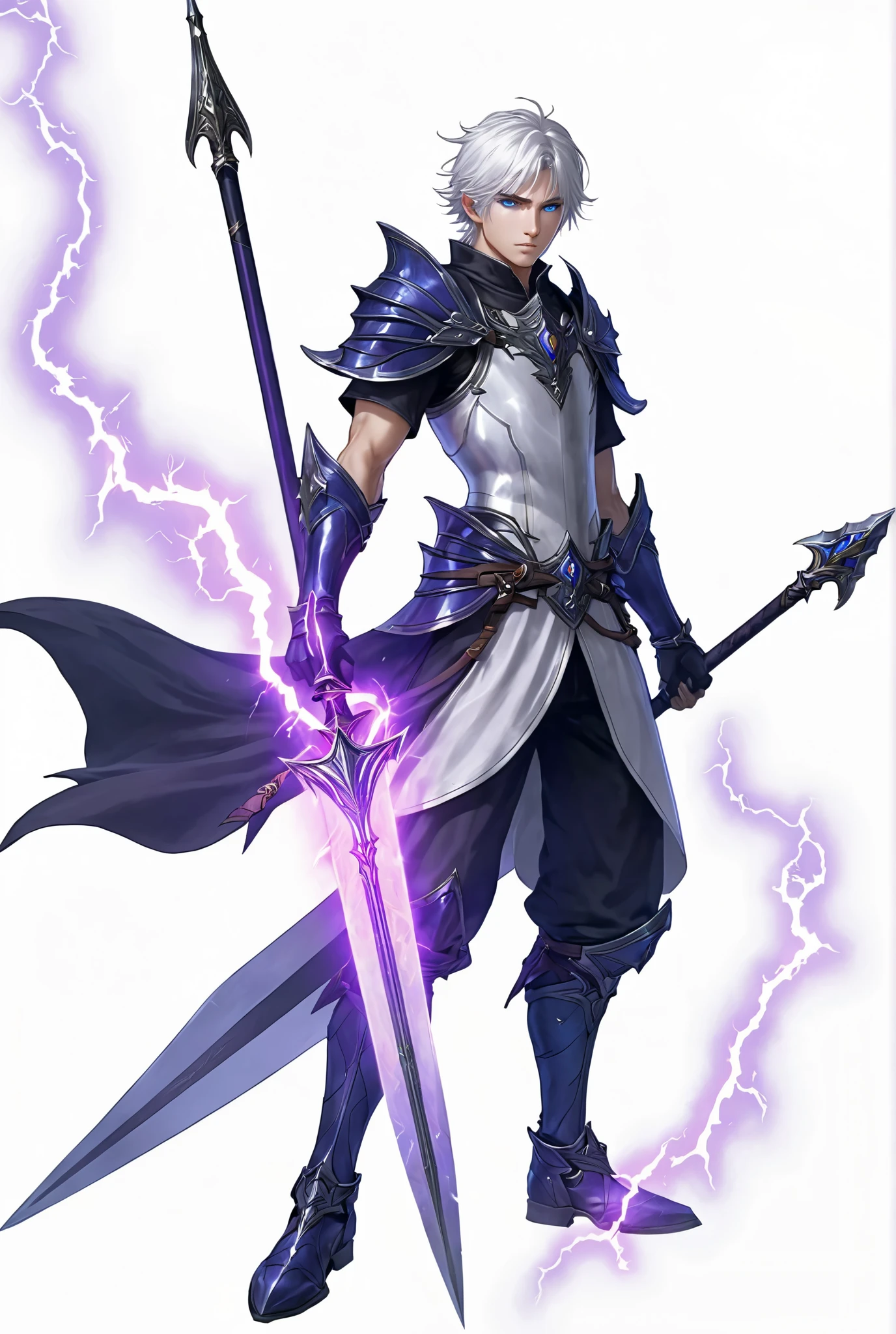 A detailed character of a age man 22y, human, male, short white hair, wielding a spear, Lancer, , elemento thubder, thunder effects, Black clothes, white clothes, light armor, silver armor, purple thunder, , Lineage 2 style, white background, BLUE eyes, battle pose with your spear