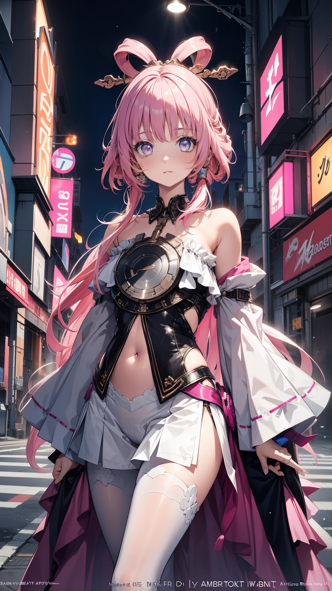portrait, 1 Girl, pretty face , asymmetrical hair, Colorful hair, sash,pure white bodysuit , Cover your mouth, cover navel , separated sleeve , pink hair,grey eyes , hip vent , Slit Jacket, charming, watching the audience, Night City, neon , rain,